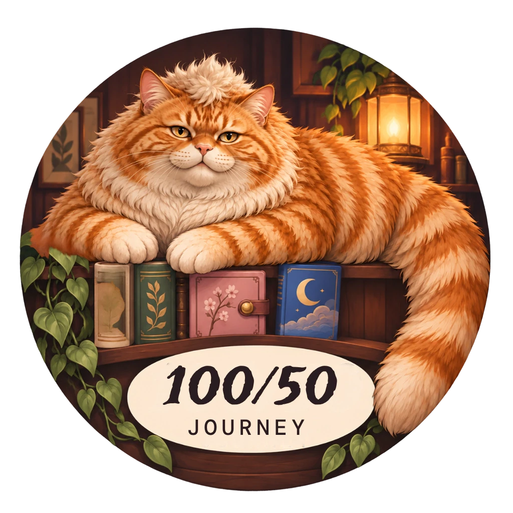 100/50 Journey badge: a fluffy Sausage-Cat resting on a lantern-lit bookshelf
