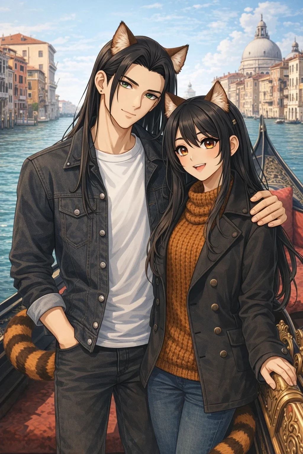 Althena Rosalind and Nijo Sorbon as their part-tiger OCs, smiling together in a gondola in Venice