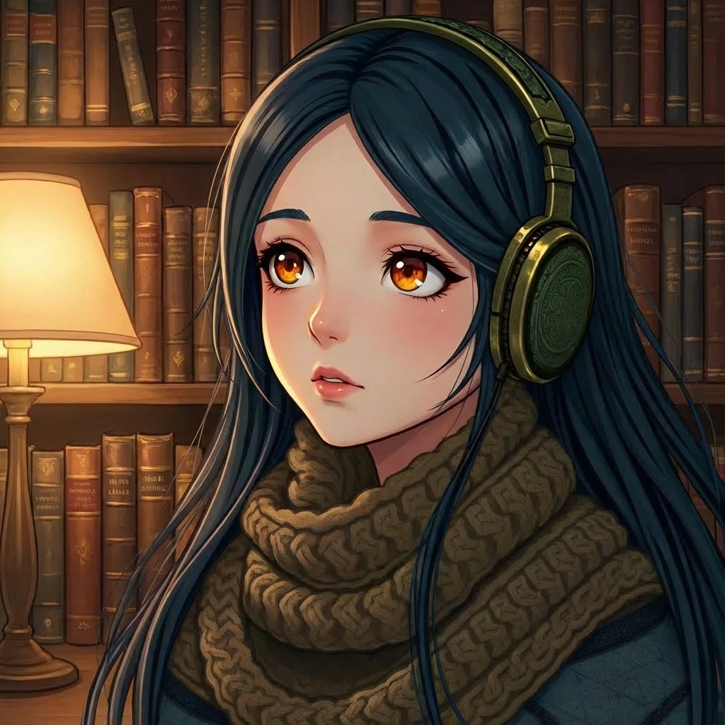 Althena Rosalind in headphones and a knitted scarf, beside a lamp in a library of old books