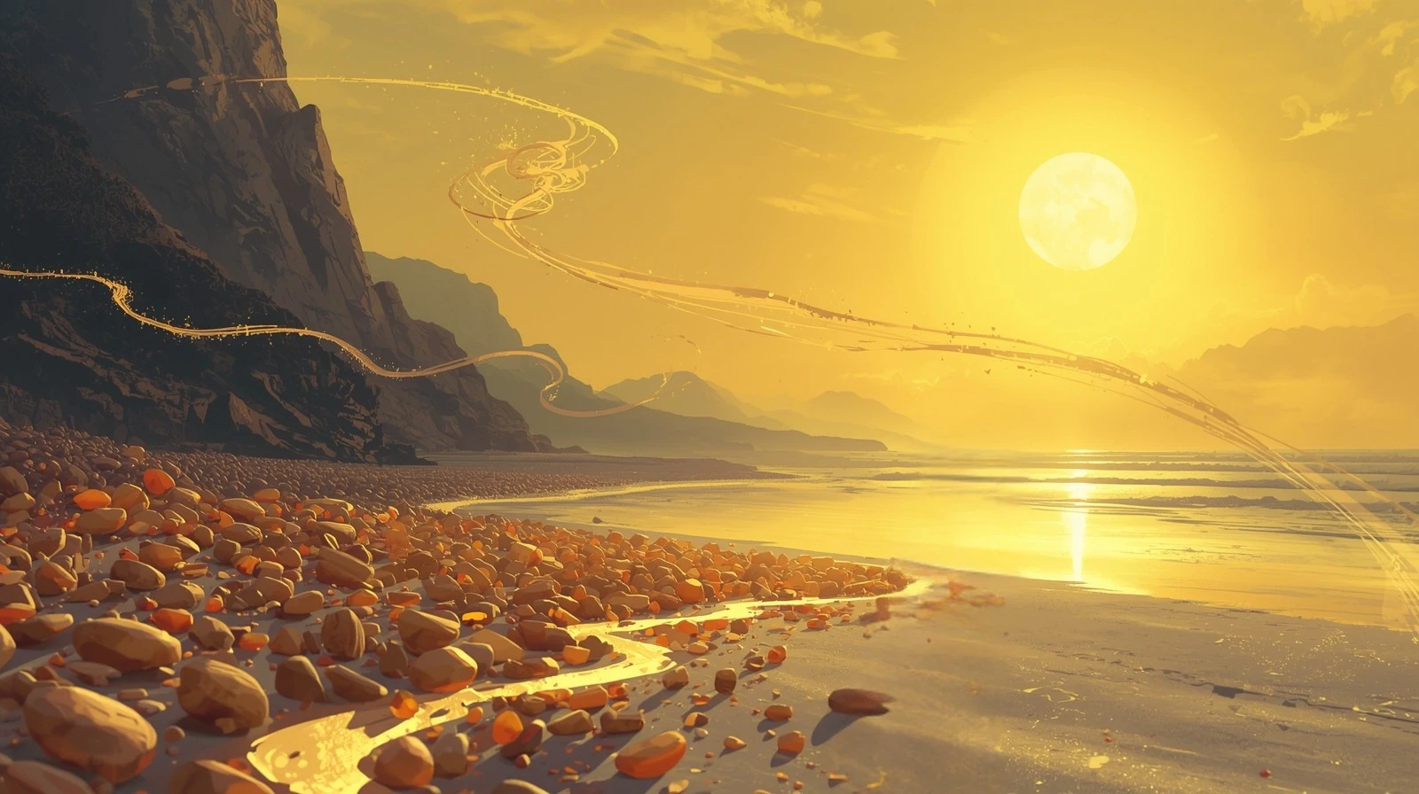 Amber water beneath a swirling sunrise sky