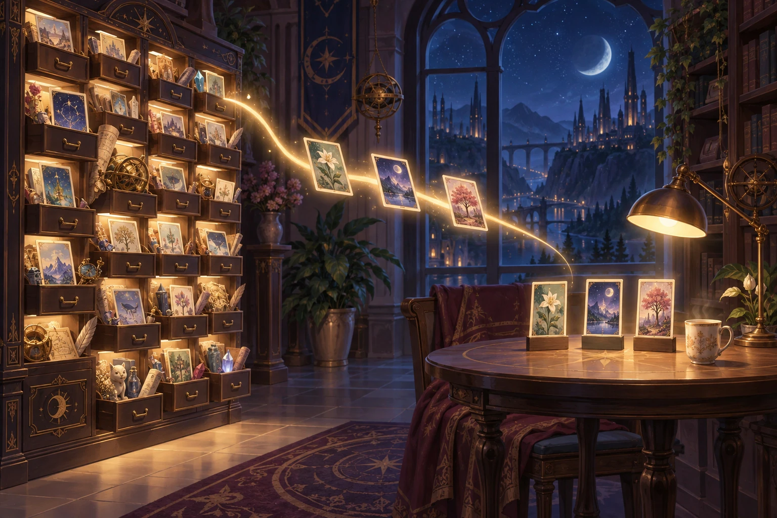 A glowing archive of drawers full of illustrated cards, with three cards carried on a golden ribbon of light to a small lamplit table beside a cup of tea.