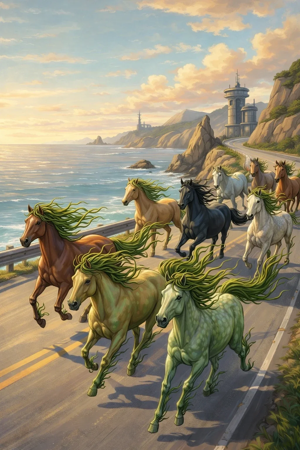 Kelp-Runners from the Advant serial, a herd of horses with seaweed manes galloping together along a coastal road at sunrise
