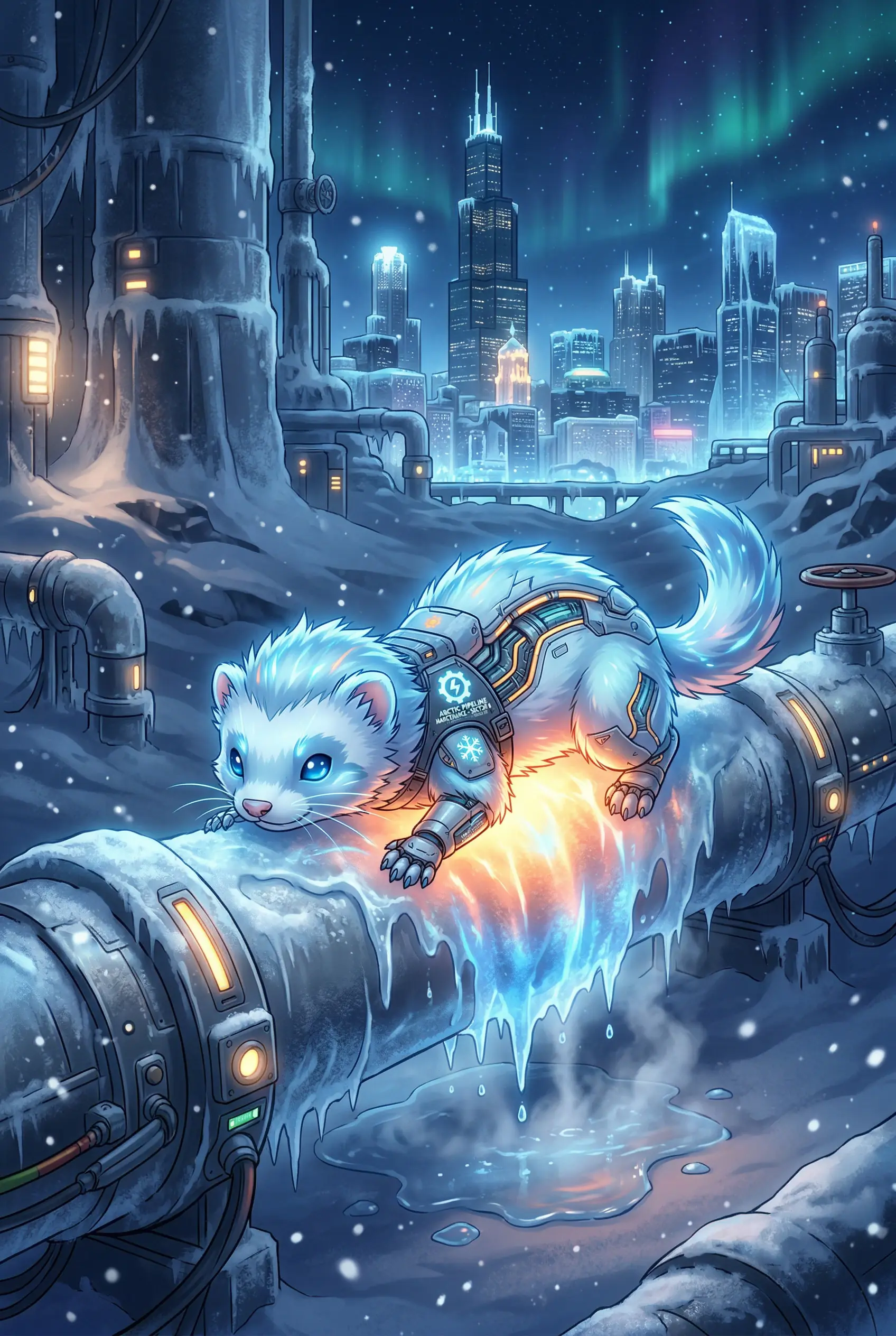 Ferret heats frozen ice with belly