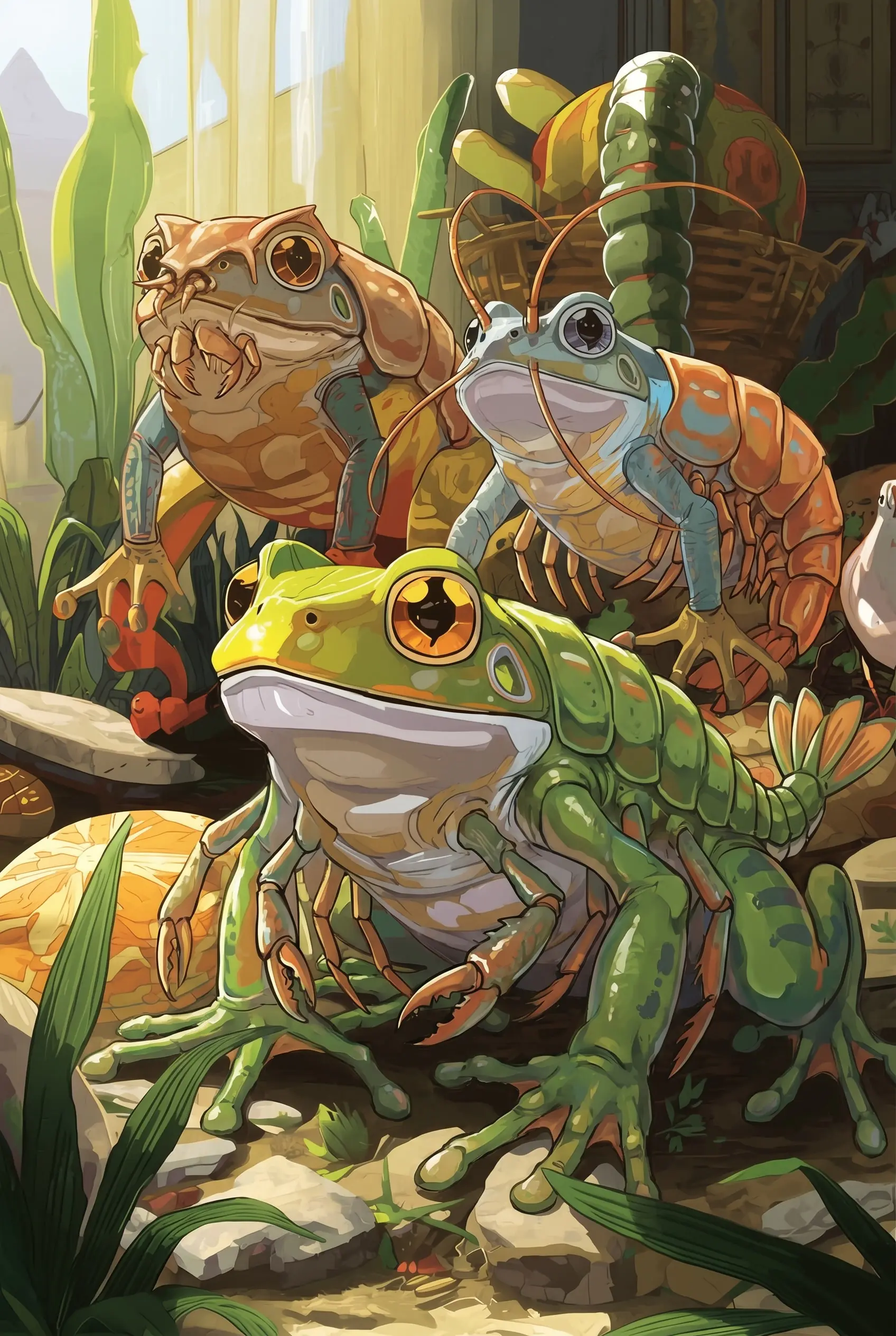 A frog-shrimp creature from the Advant serial with steampunk goggle eyes in a dark moody room
