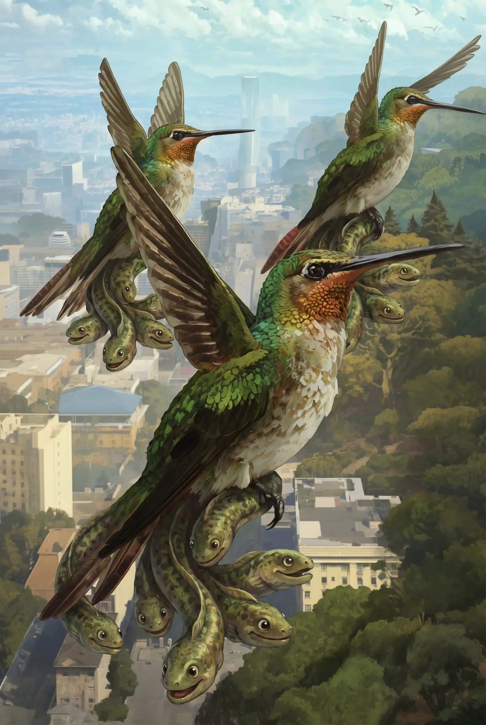 A hummingbird-eel creature from the Advant serial with vibrant feathers and tentacle legs