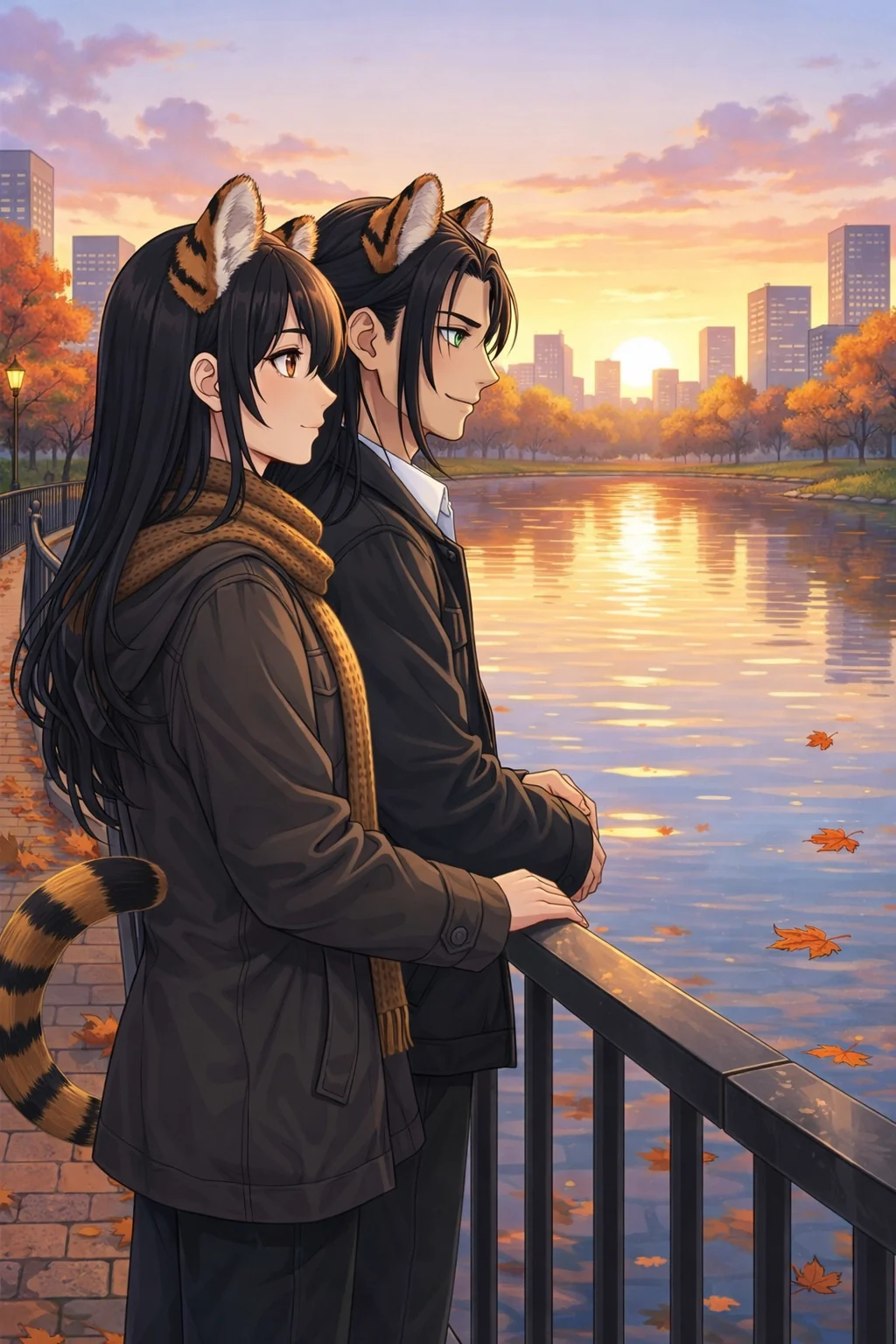 Althena and Nijo as tiger-human hybrids watching a sunset over a lake