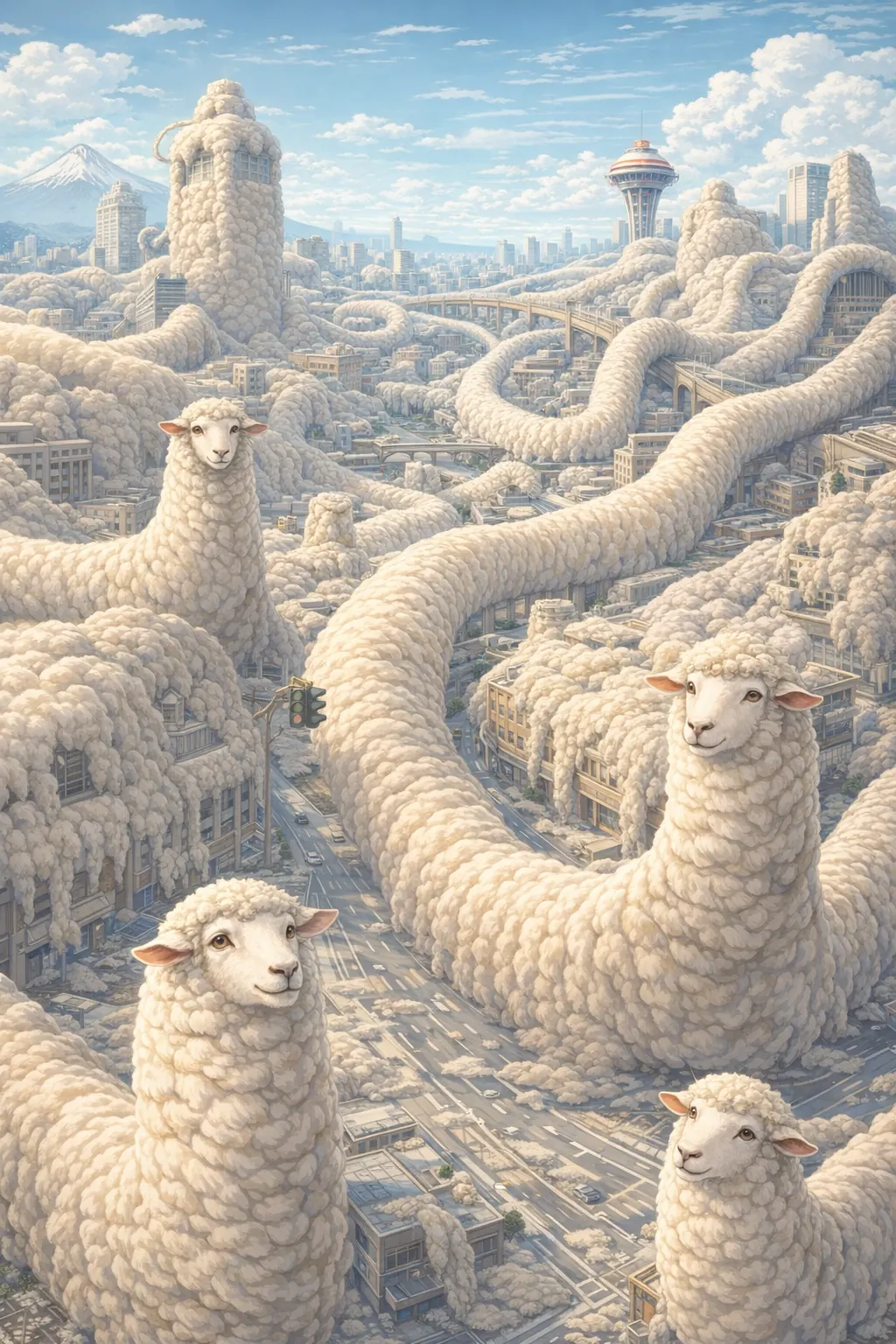 A giant fluffy sheep-worm creature from the Advant serial weaving through a cityscape