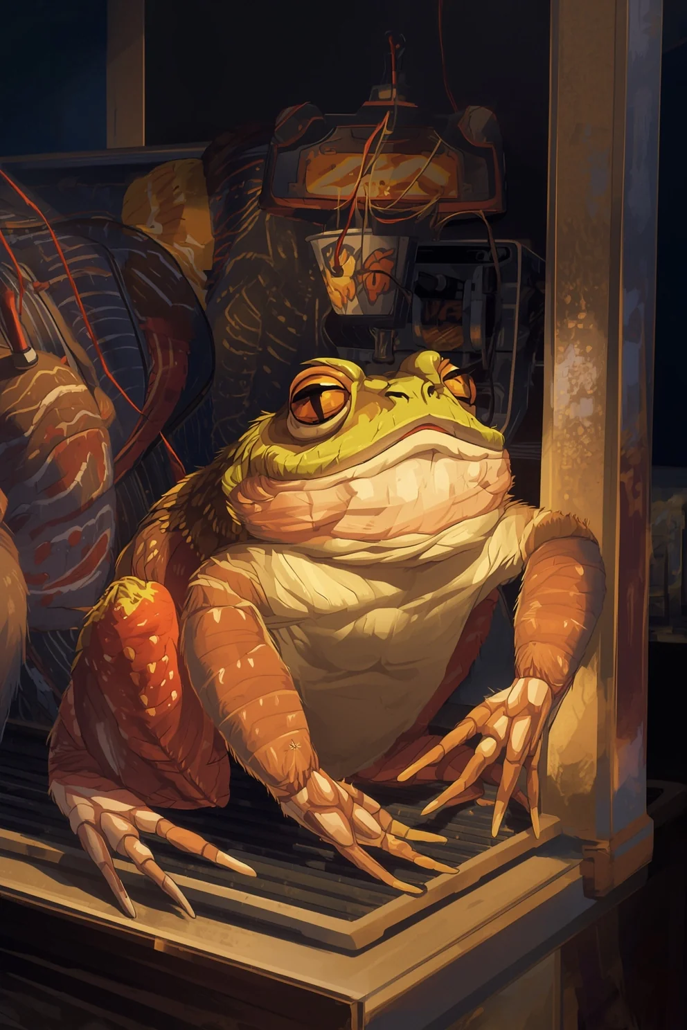 A frog-shrimp creature from the Advant serial gazing outward with glowing steampunk eyes