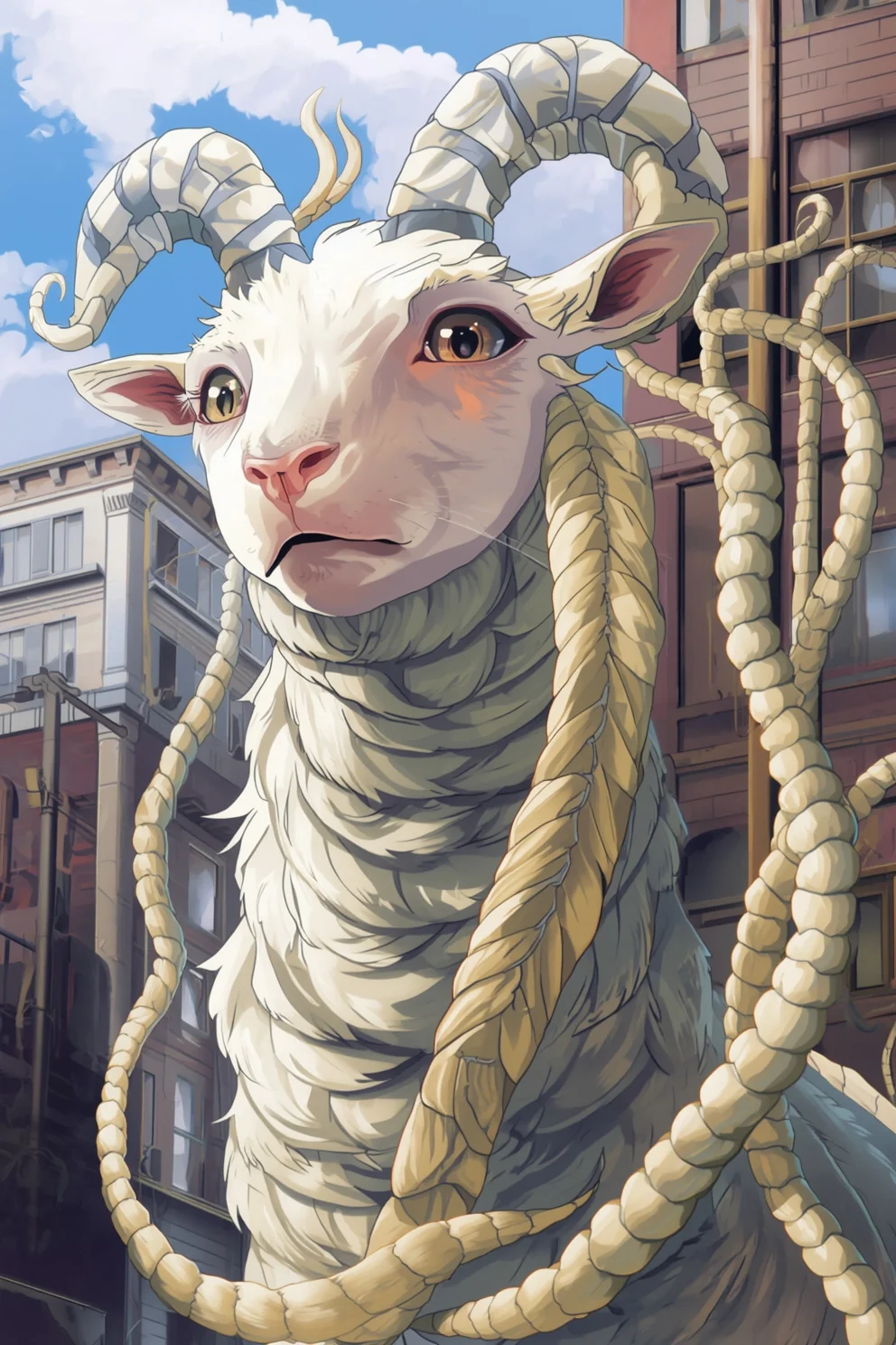 Tall sheep-worm creatures from the Advant serial stretching between buildings like fluffy pillars