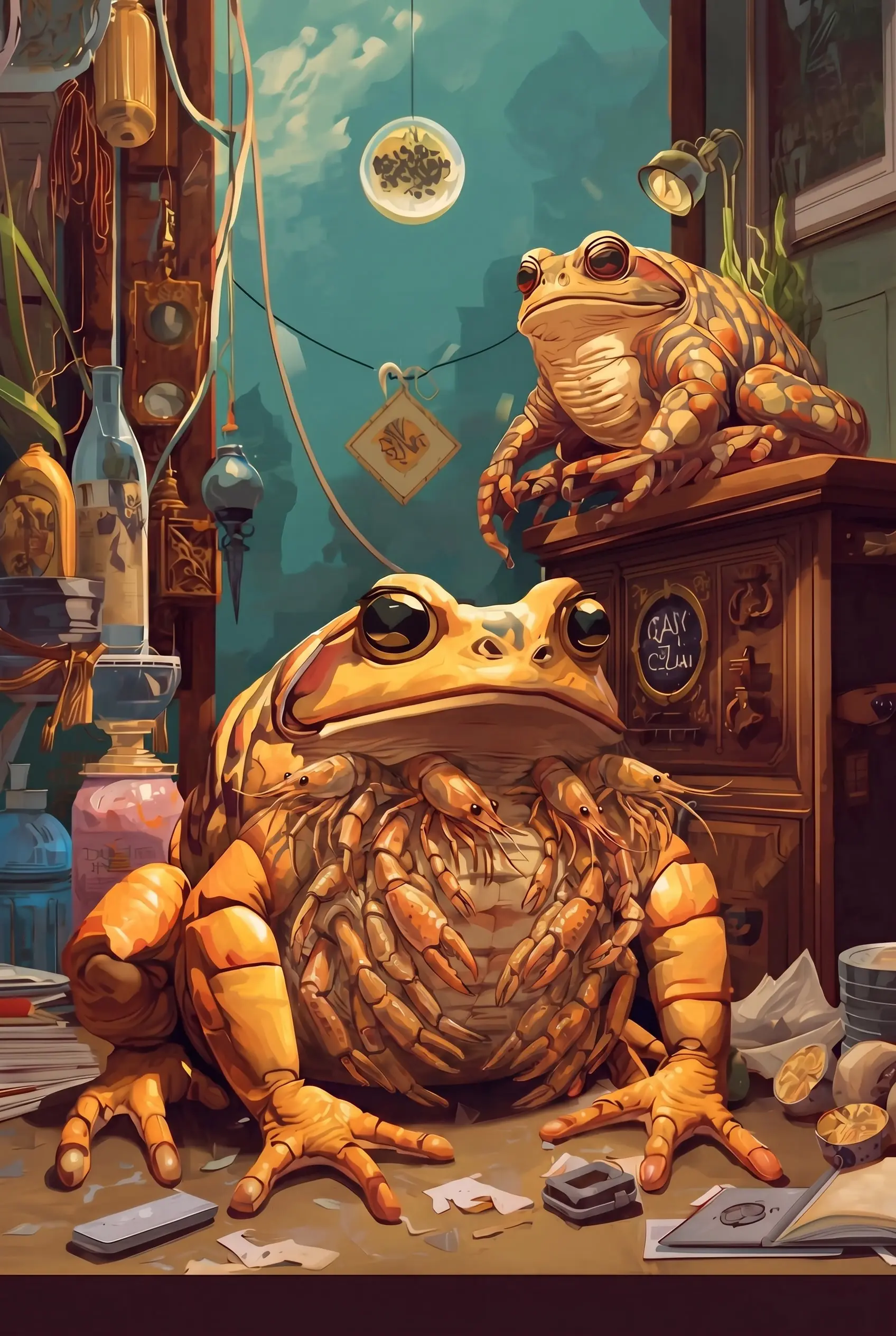 A philosophical frog-shrimp creature from the Advant serial peering through steampunk goggles