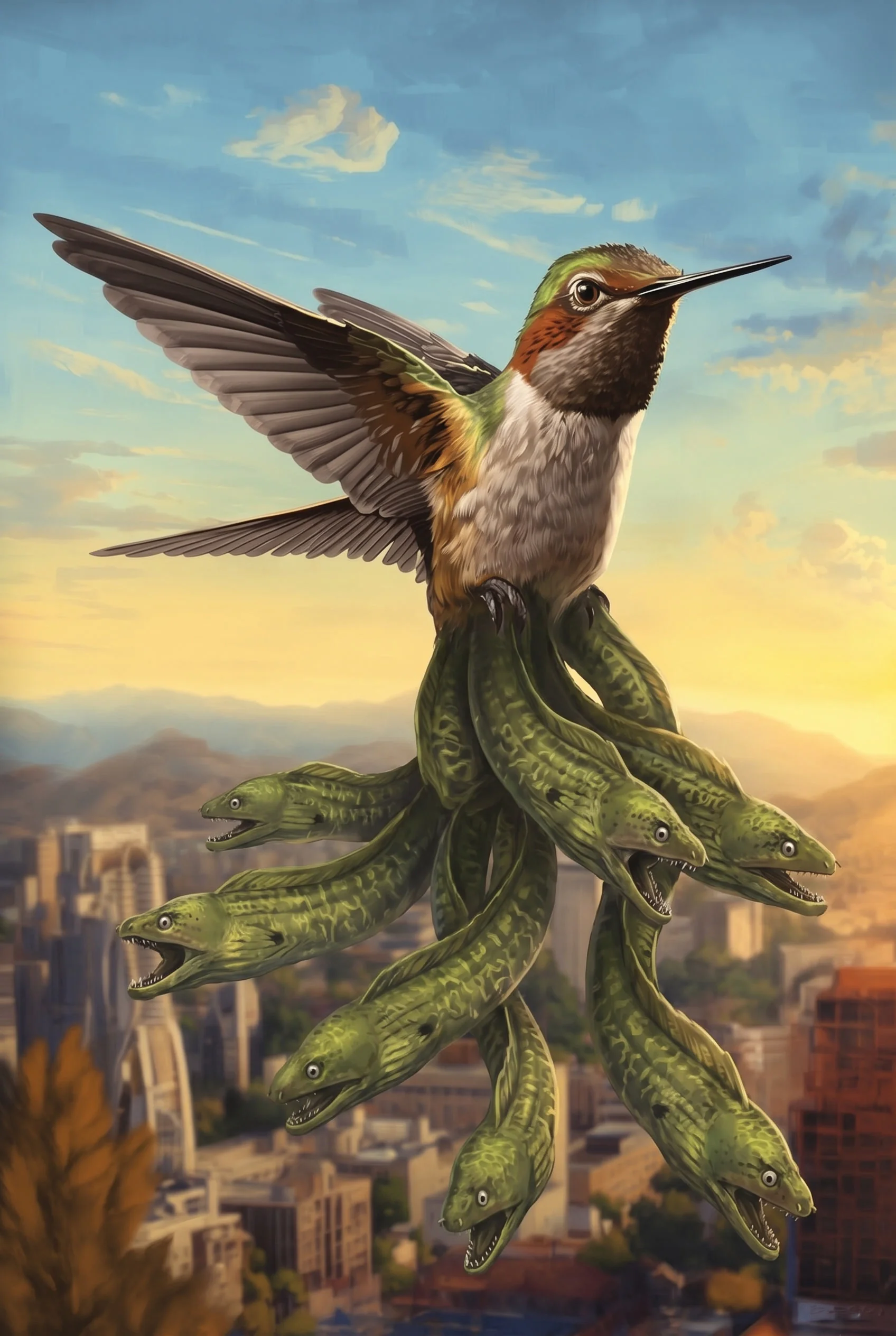 A hummingbird-eel creature from the Advant serial hovering with glowing eel tendrils