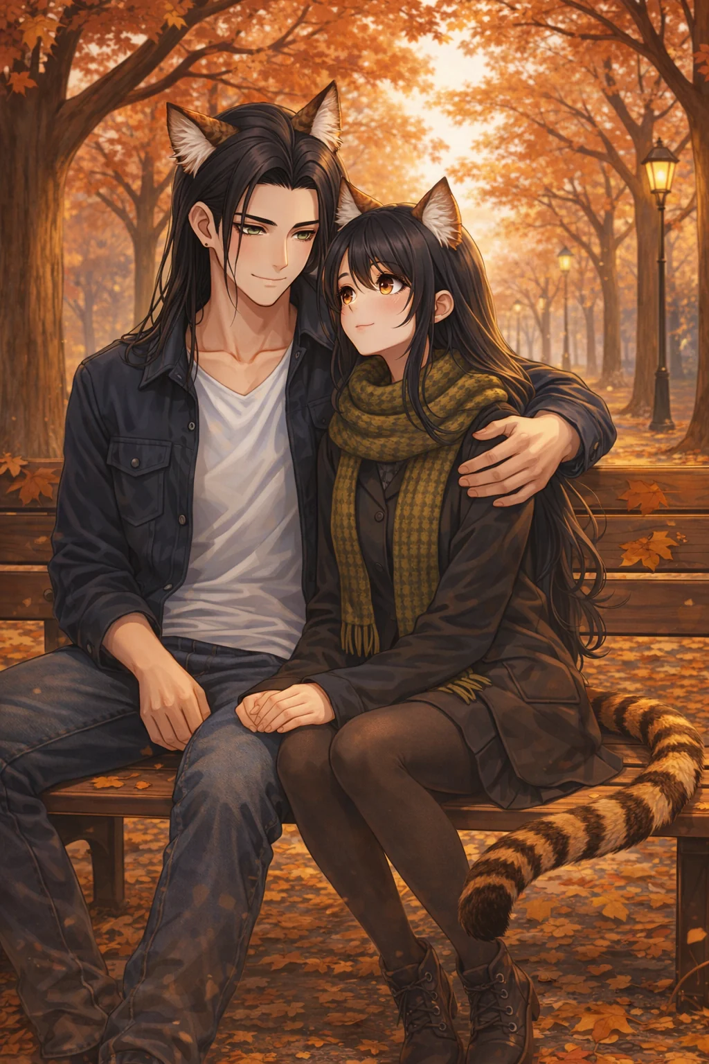Althena and Nijo as tiger-human hybrids on an autumn park bench
