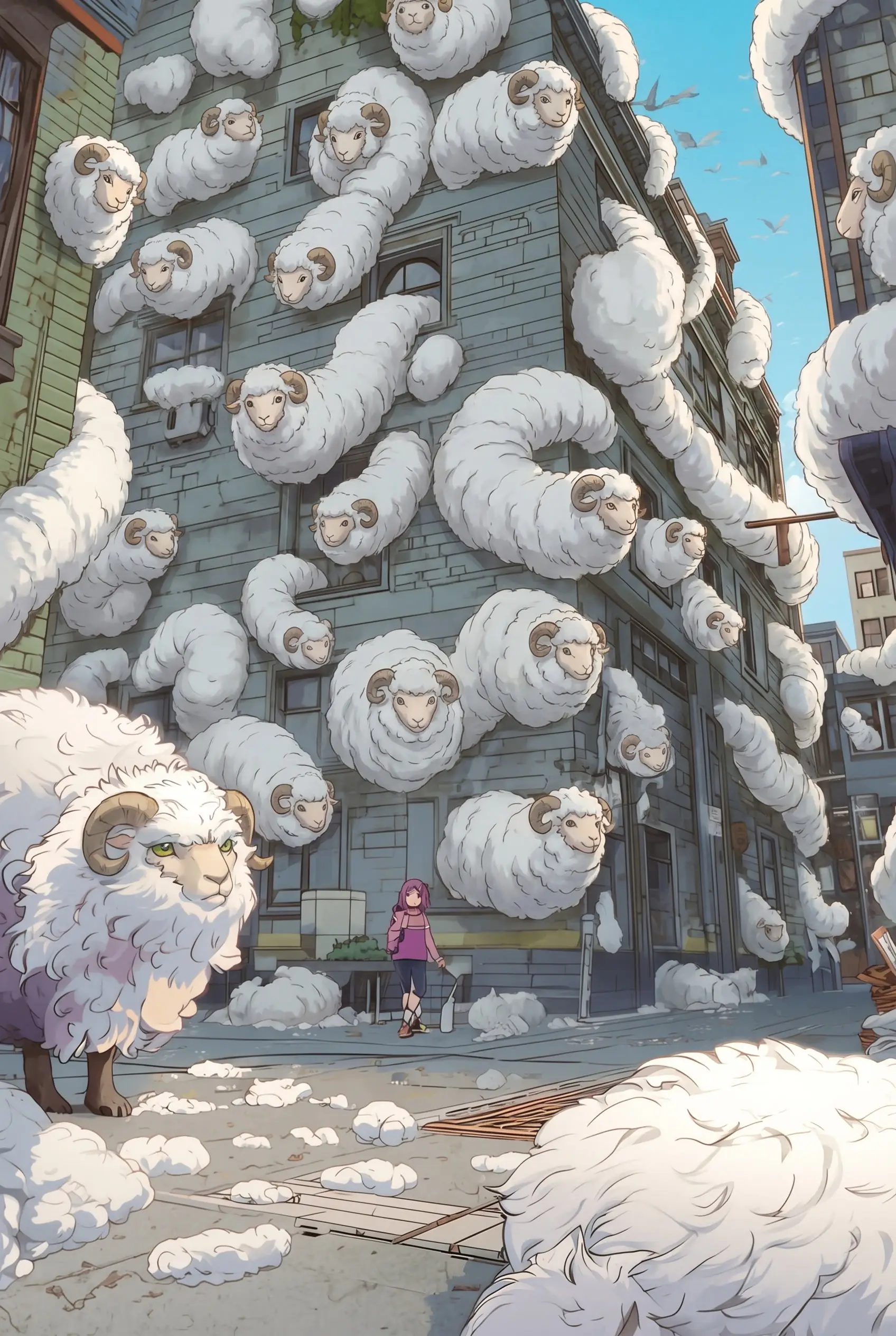 Fluffy sheep-worm creatures from the Advant serial roaming through a neon-lit city