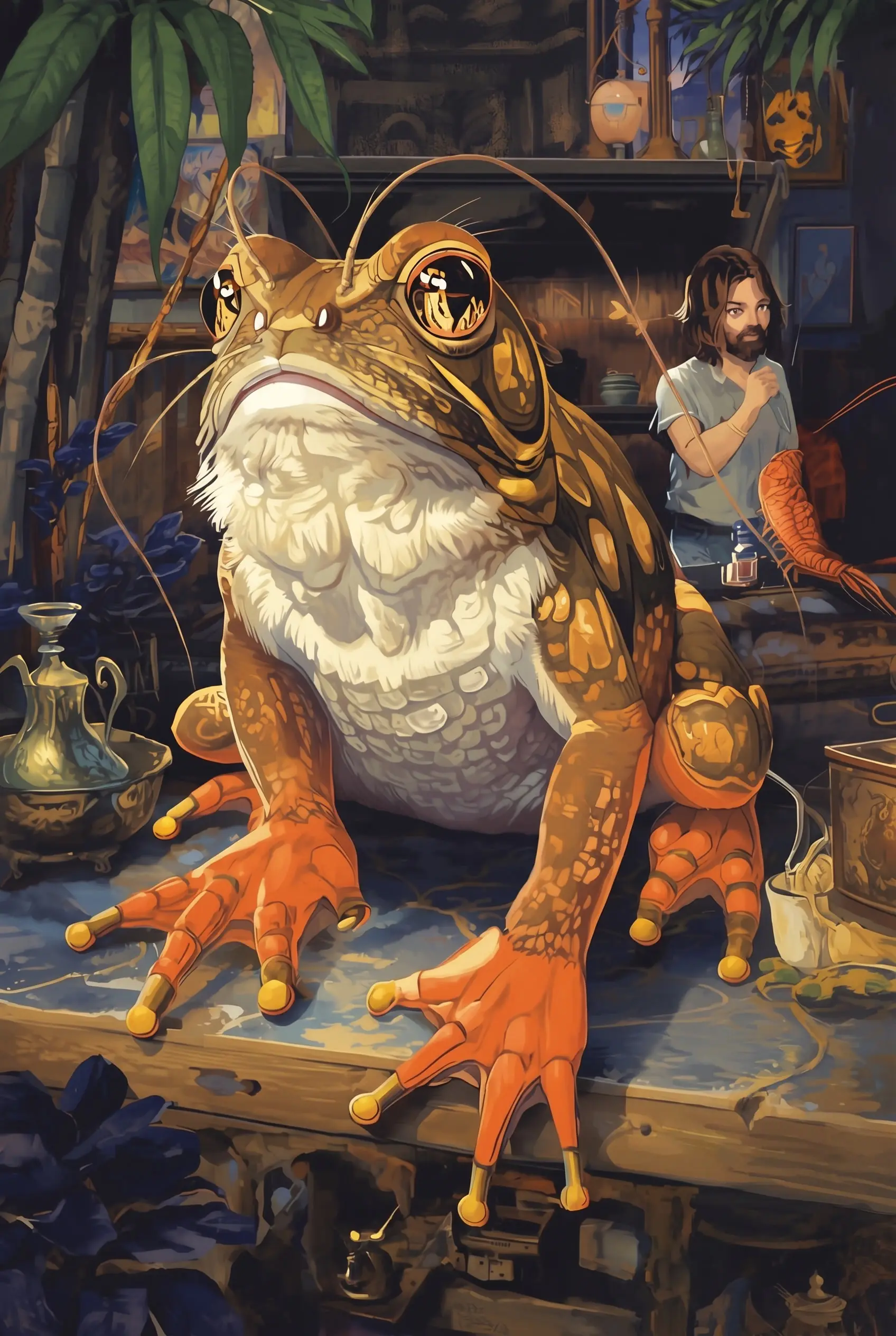A frog-shrimp creature from the Advant serial in a dimly lit steampunk environment
