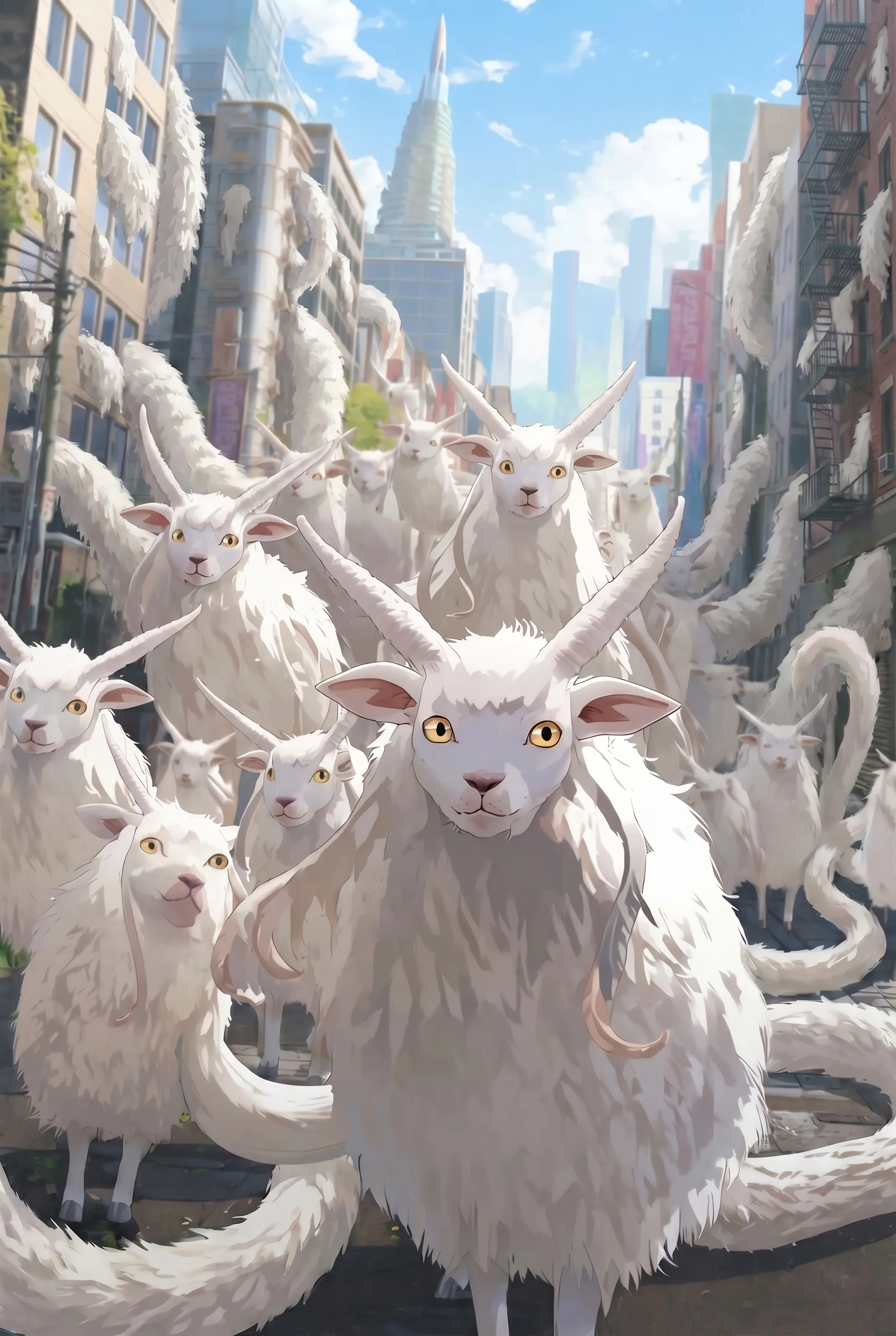 Sheep-worm creatures from the Advant serial with warm glowing eyes in a city alley