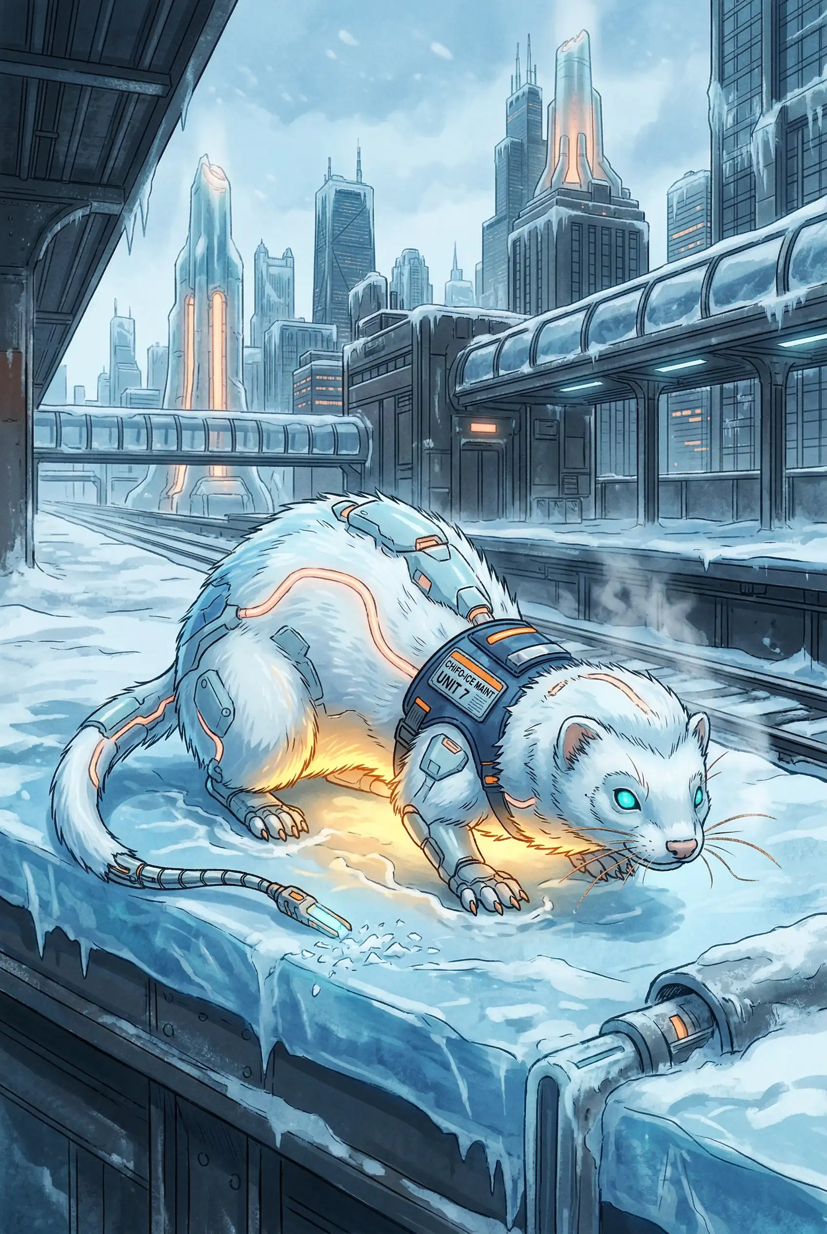 Sci-fantasy ferret hot belly heats frozen ice