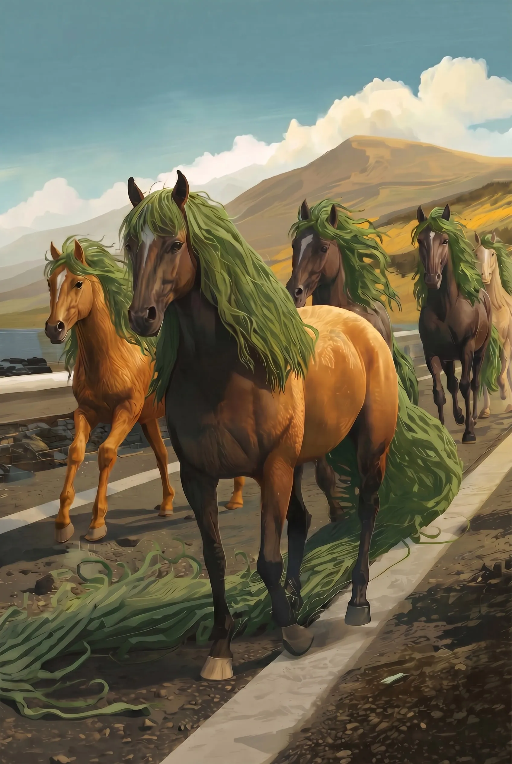 Kelp runners on a highway with mountains