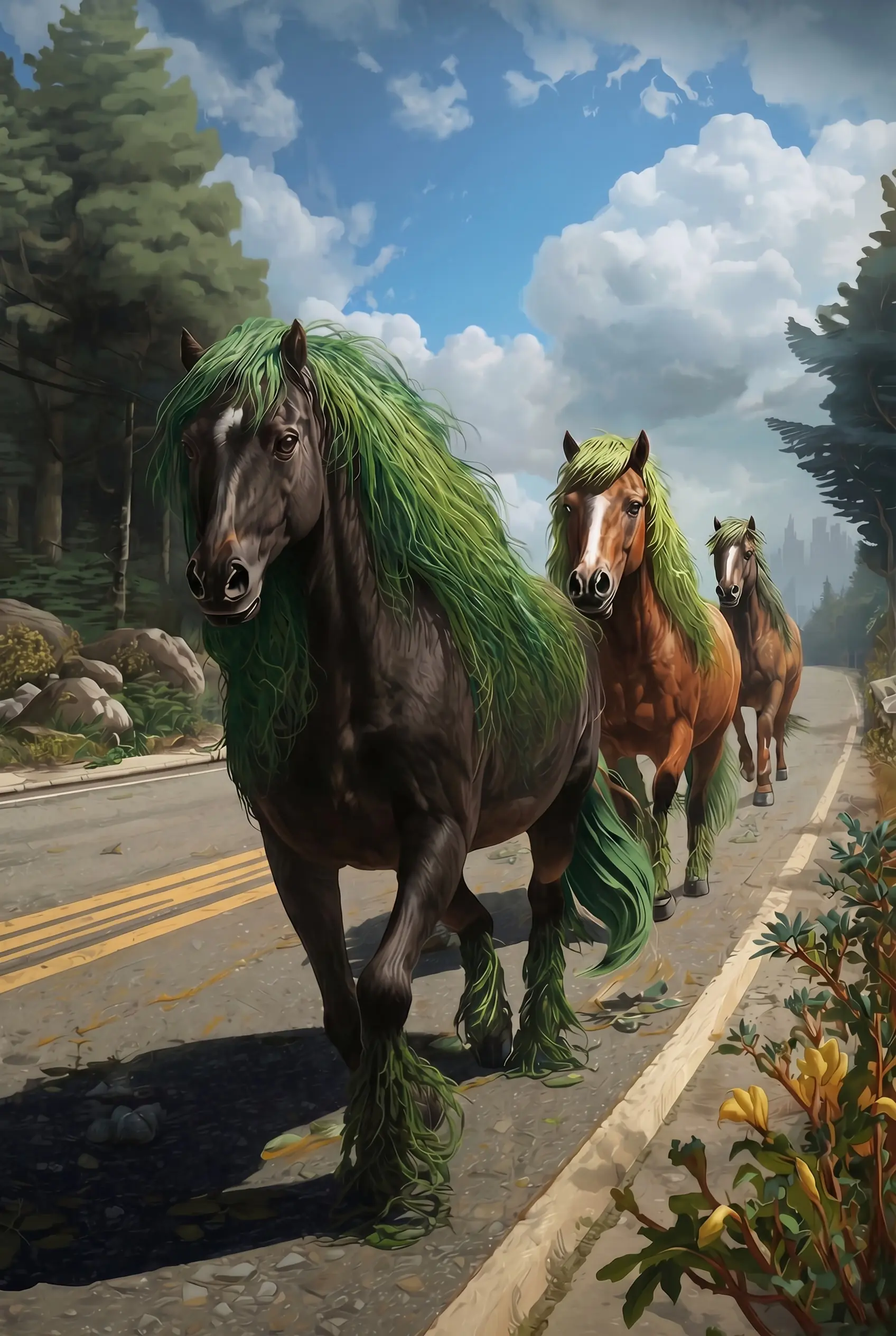 Kelp runners on a tree-lined road