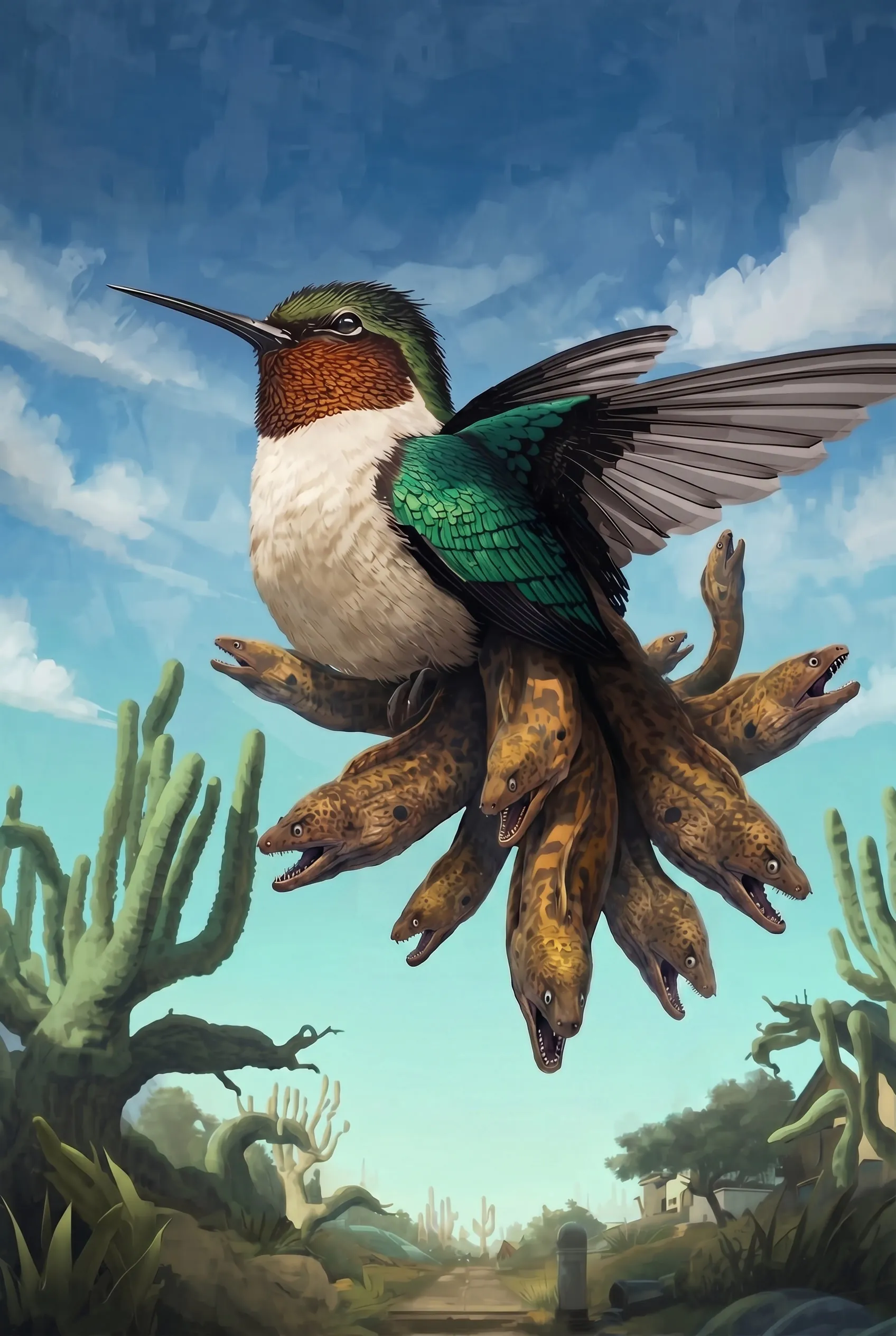 A hummingbird-eel creature from the Advant serial with iridescent feathers and glowing eel legs