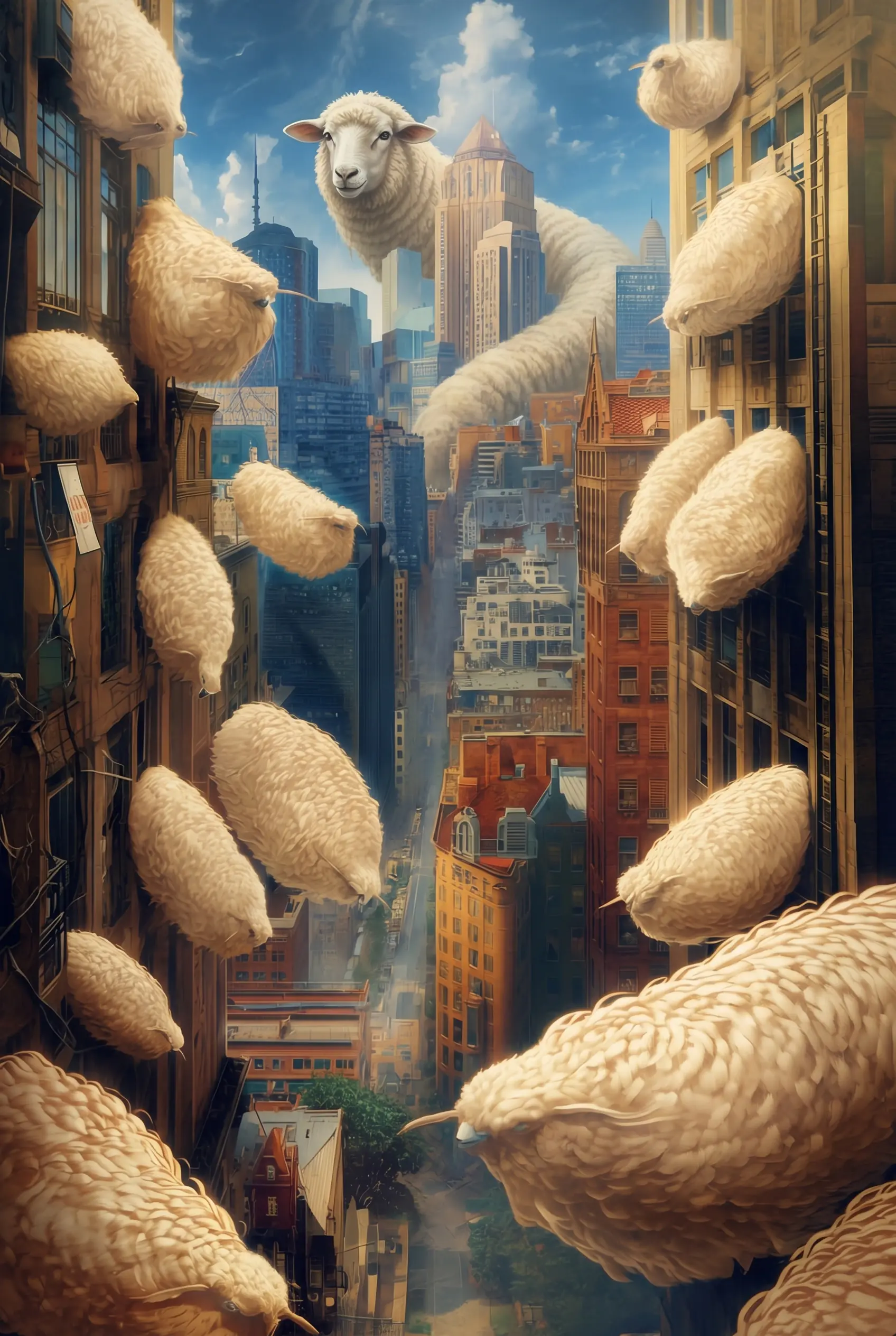A giant sheep-worm creature from the Advant serial towering above city buildings