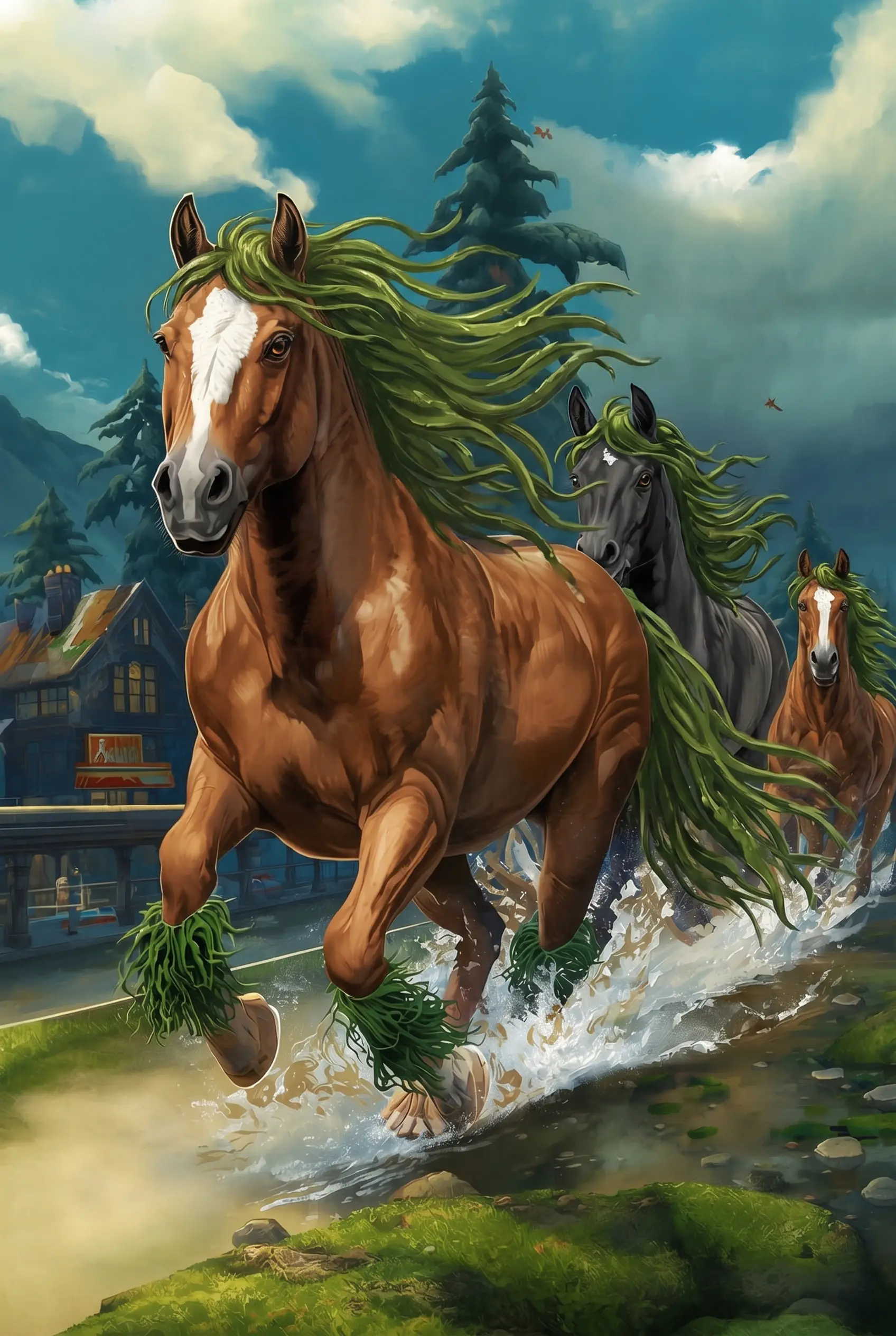 Kelp runners galloping through a village