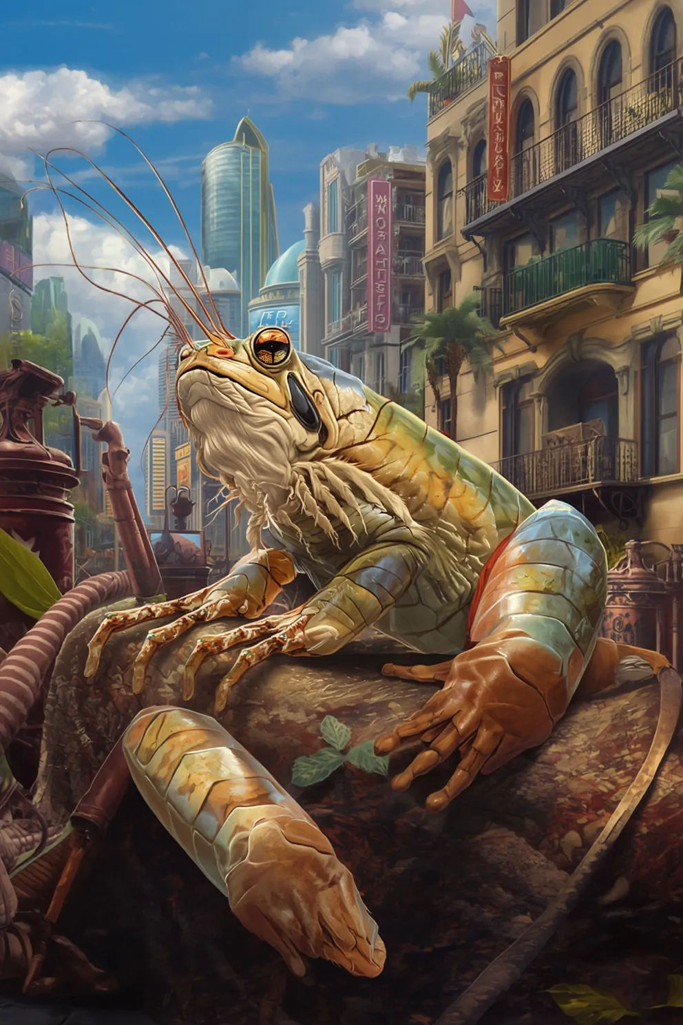 A frog-shrimp creature from the Advant serial lurking in a dark steampunk chamber