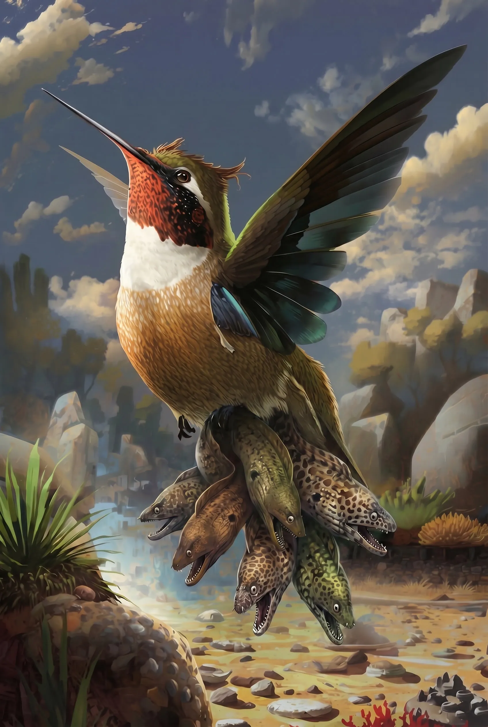 A hummingbird-eel creature from the Advant serial swooping through a colourful scene