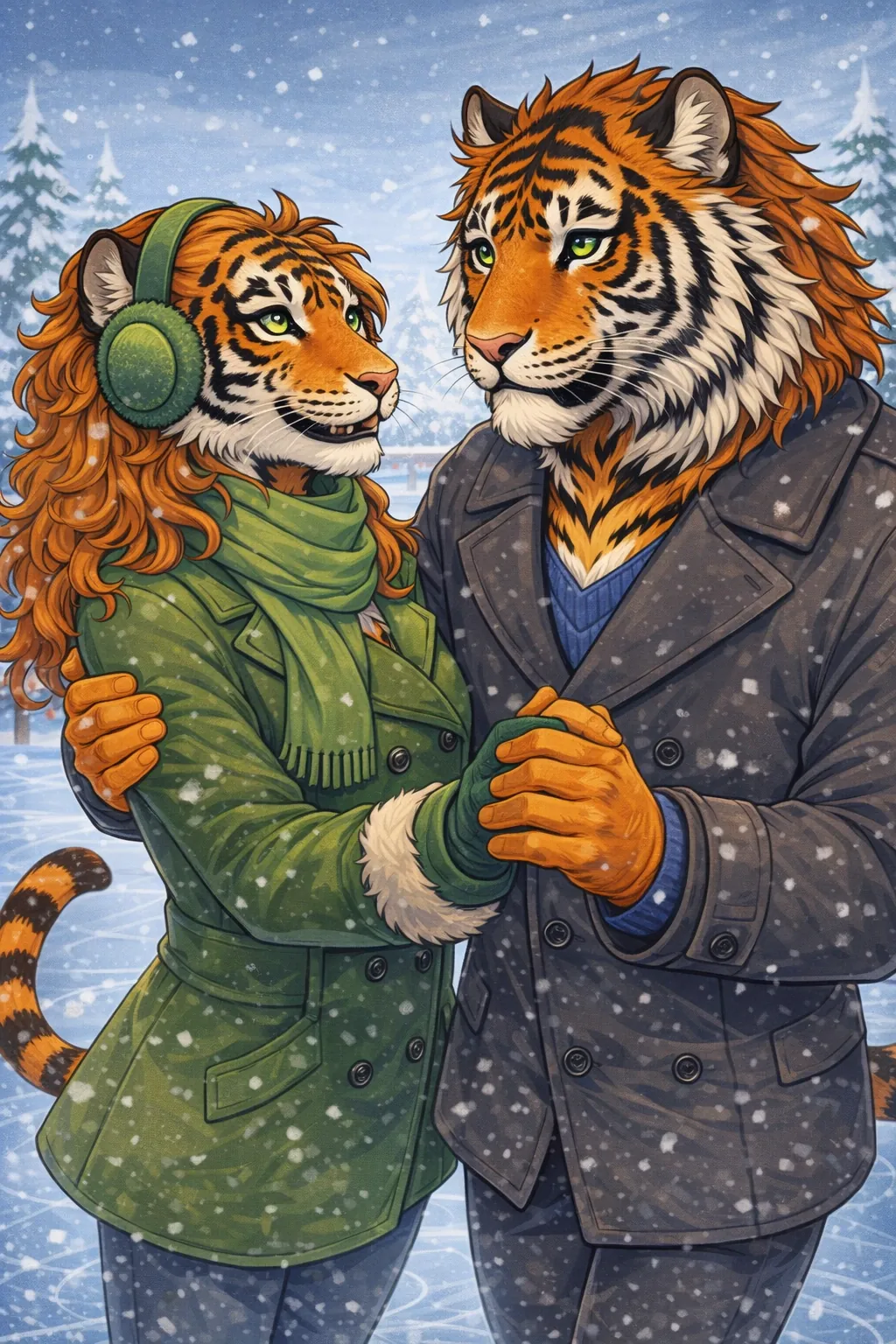 Althena and Nijo as full tigers cuddling together