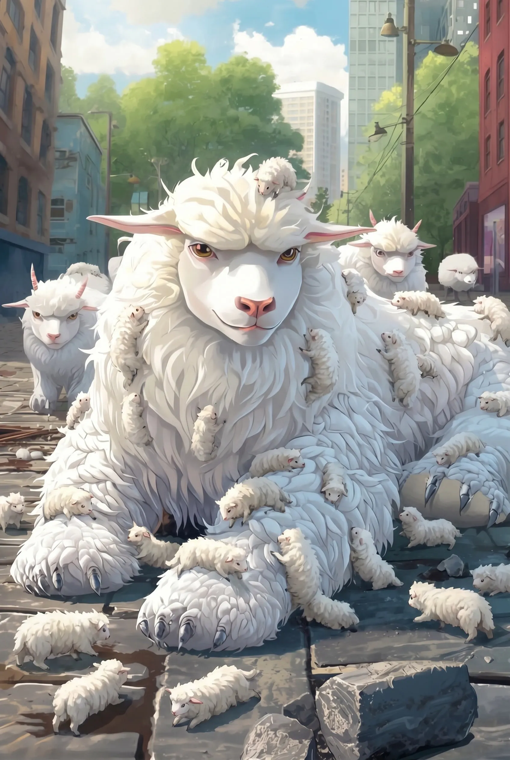 A sheep-worm creature from the Advant serial curled up among city rooftops