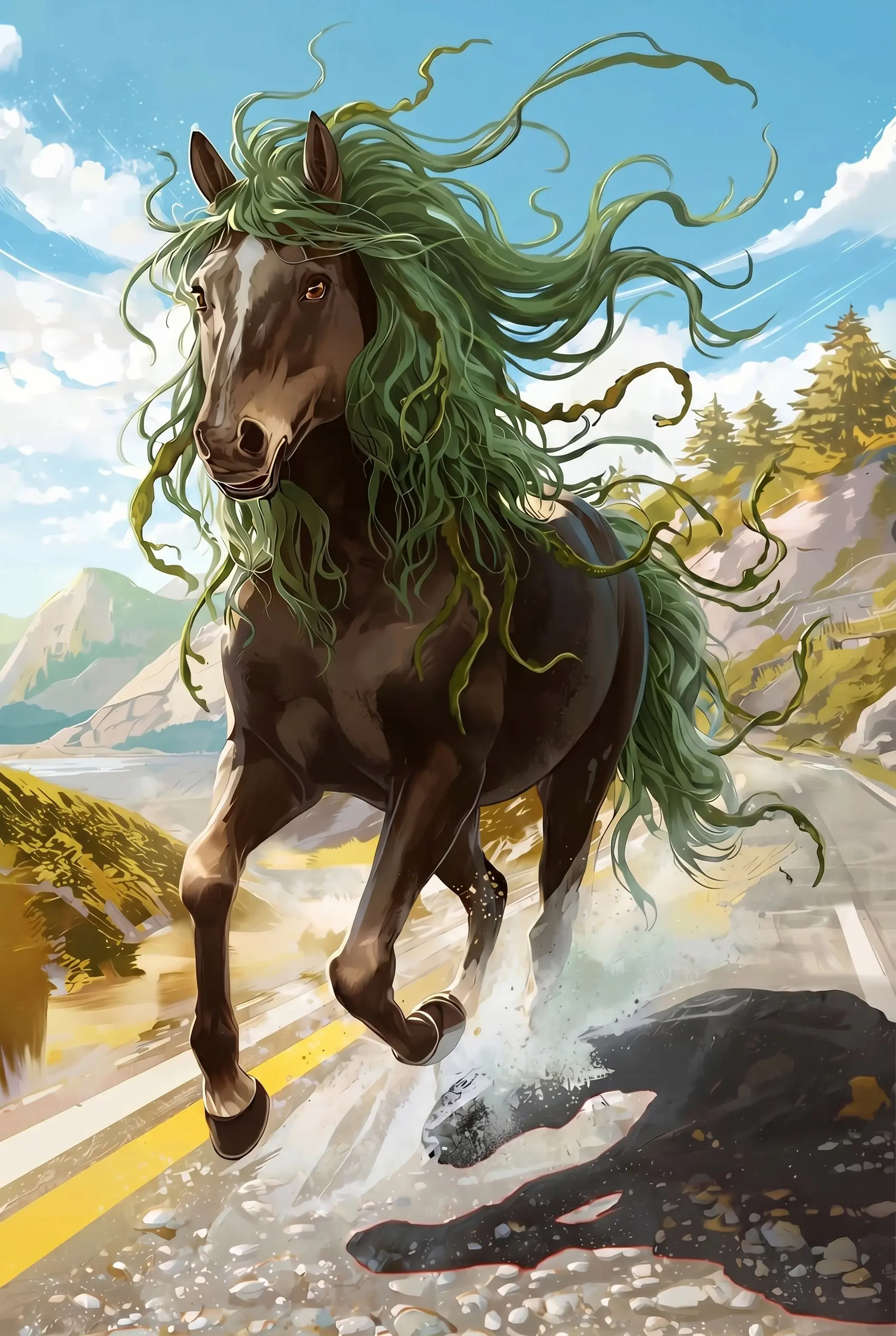 A solo kelp runner galloping on a highway