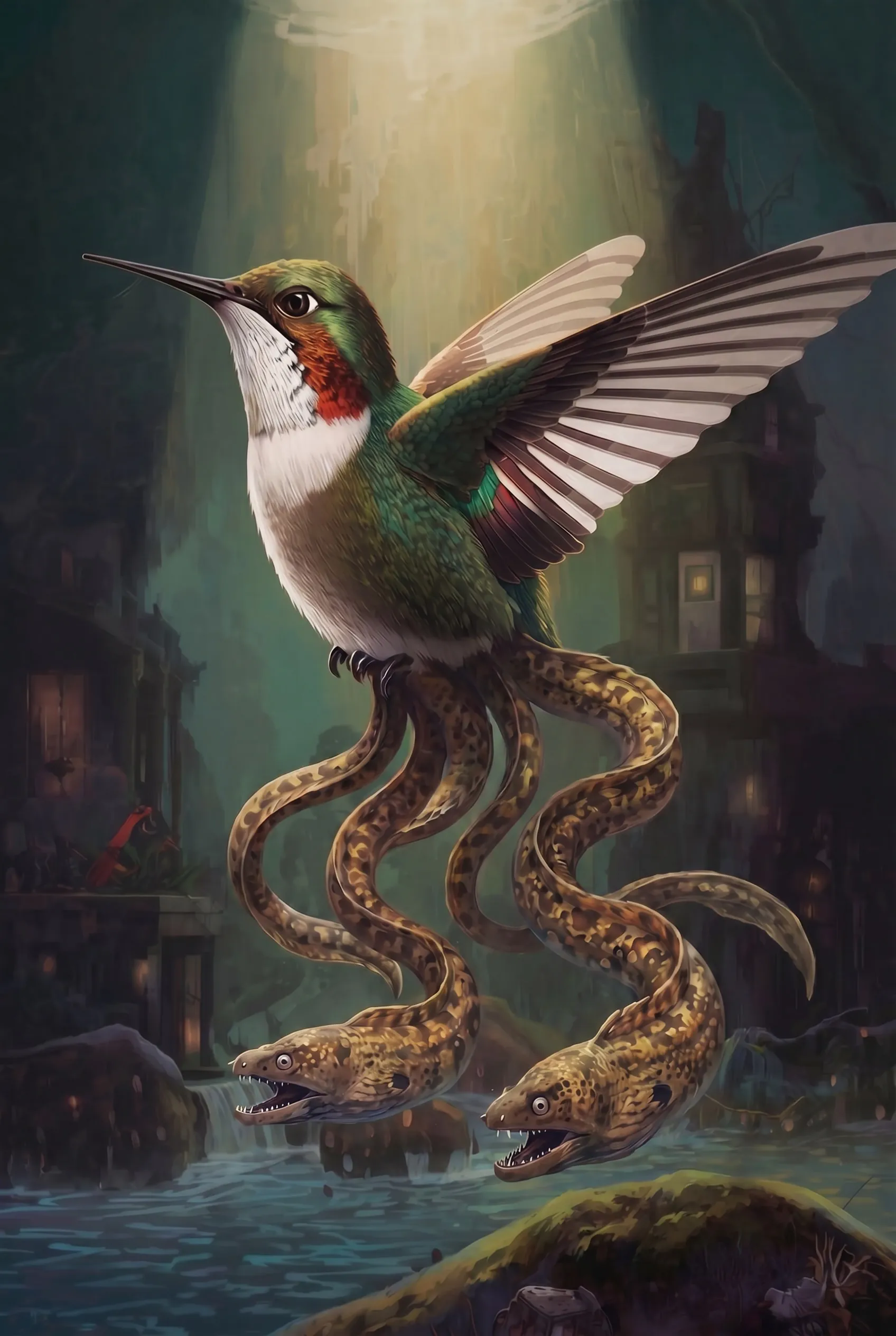 A hummingbird-eel creature from the Advant serial with expressive eel faces on its legs
