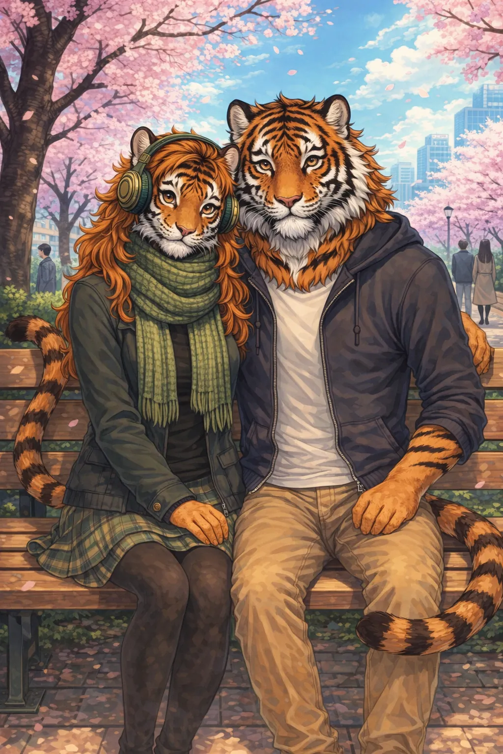 Althena and Nijo as full tigers on a park bench under cherry blossoms