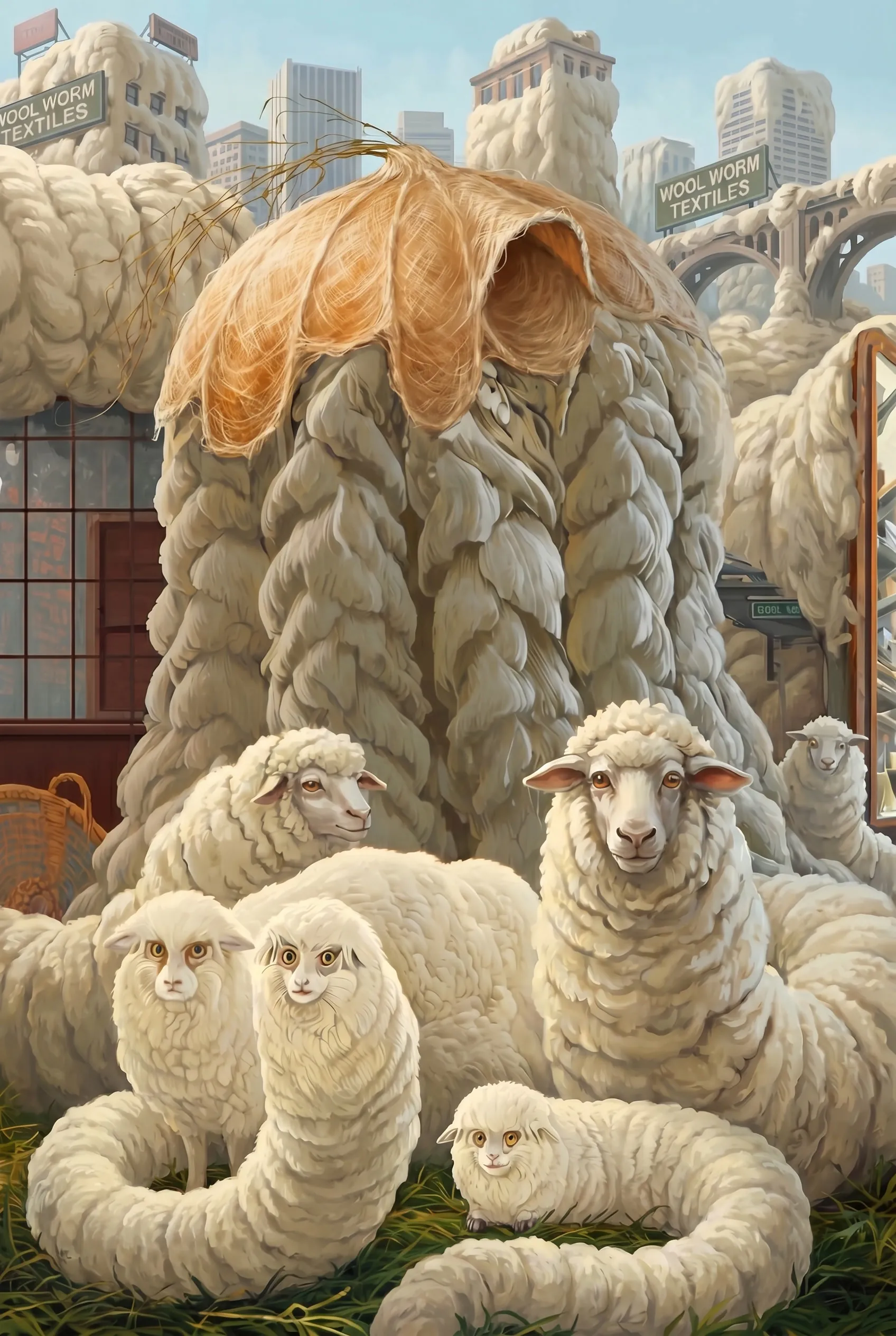 A fluffy sheep-worm creature from the Advant serial stretching across rooftops