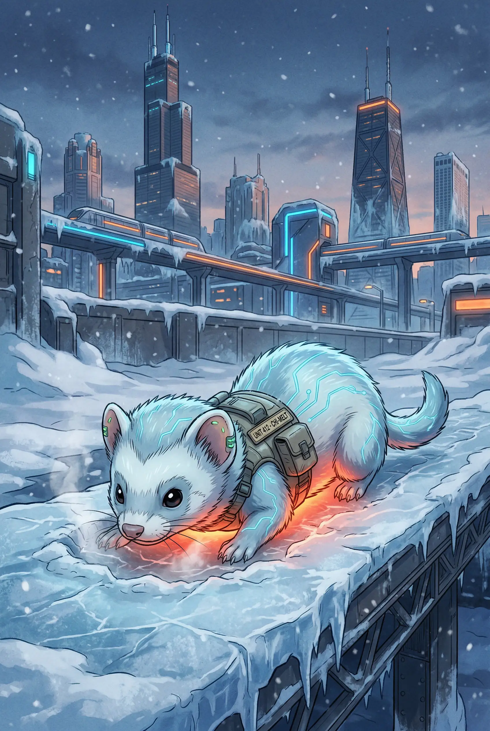 Ferret heats frozen city pipes ice with belly