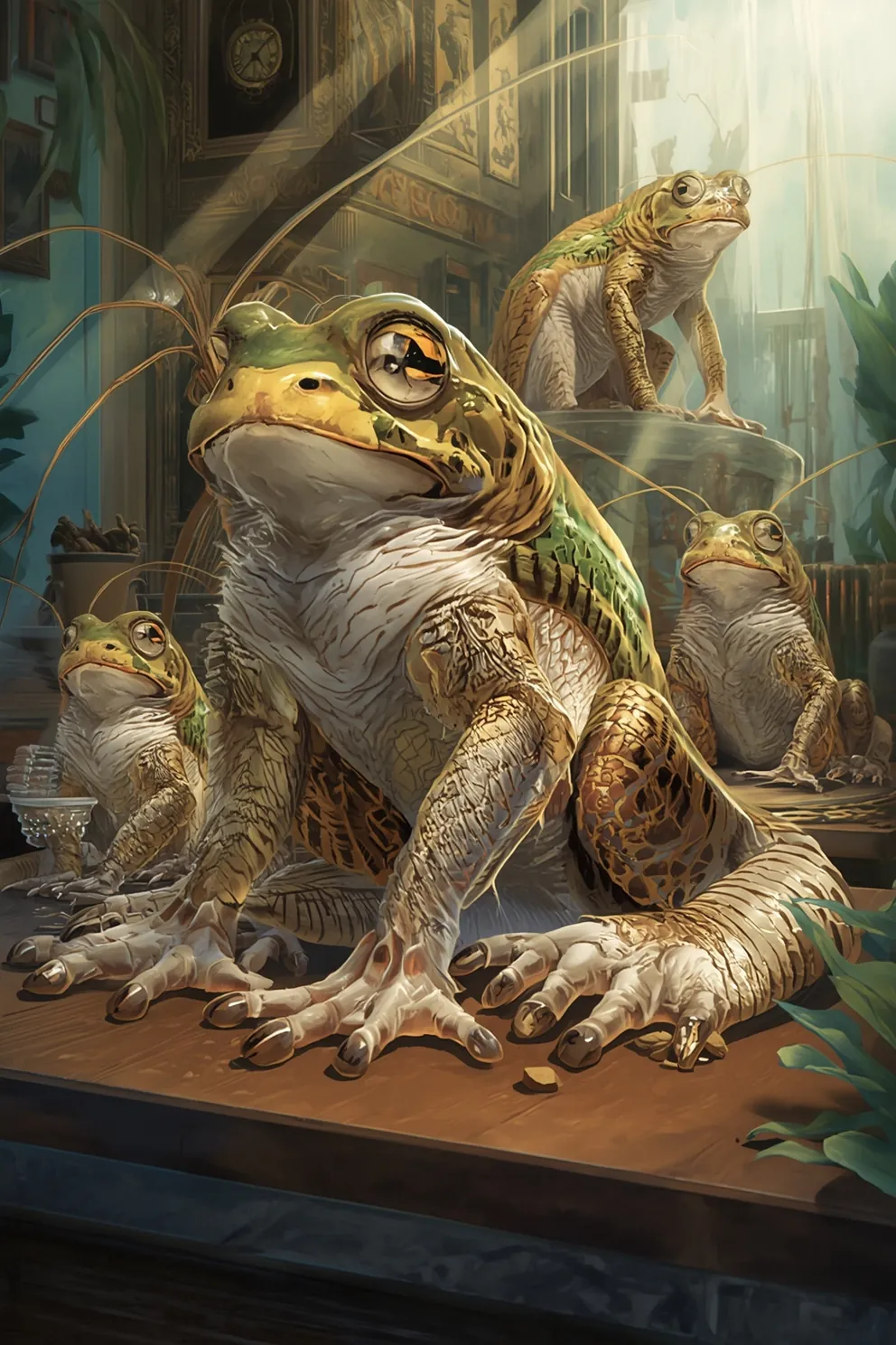 A frog-shrimp creature from the Advant serial resting in a moody steampunk setting