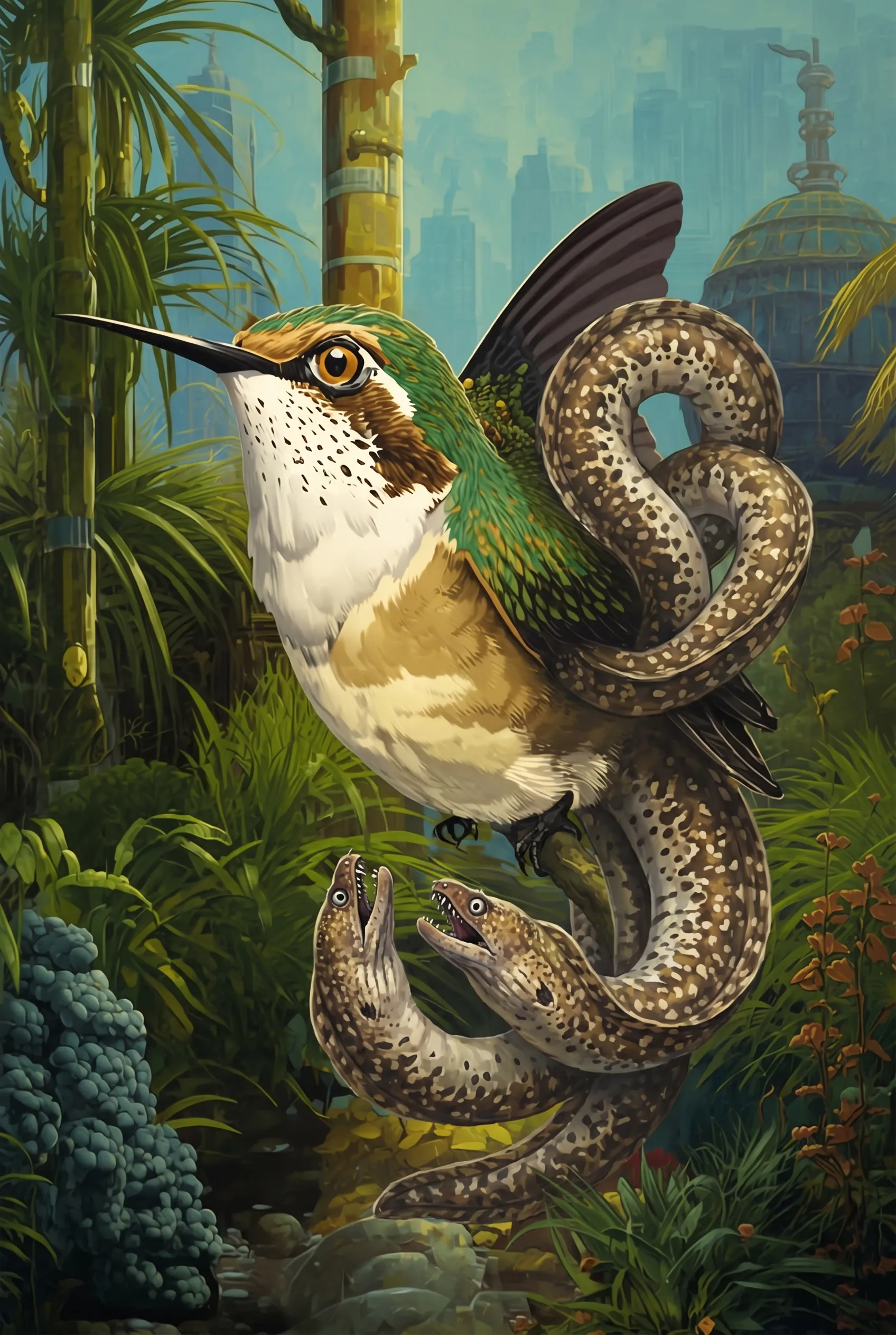 A hummingbird-eel creature from the Advant serial resting with its eel legs curled beneath it