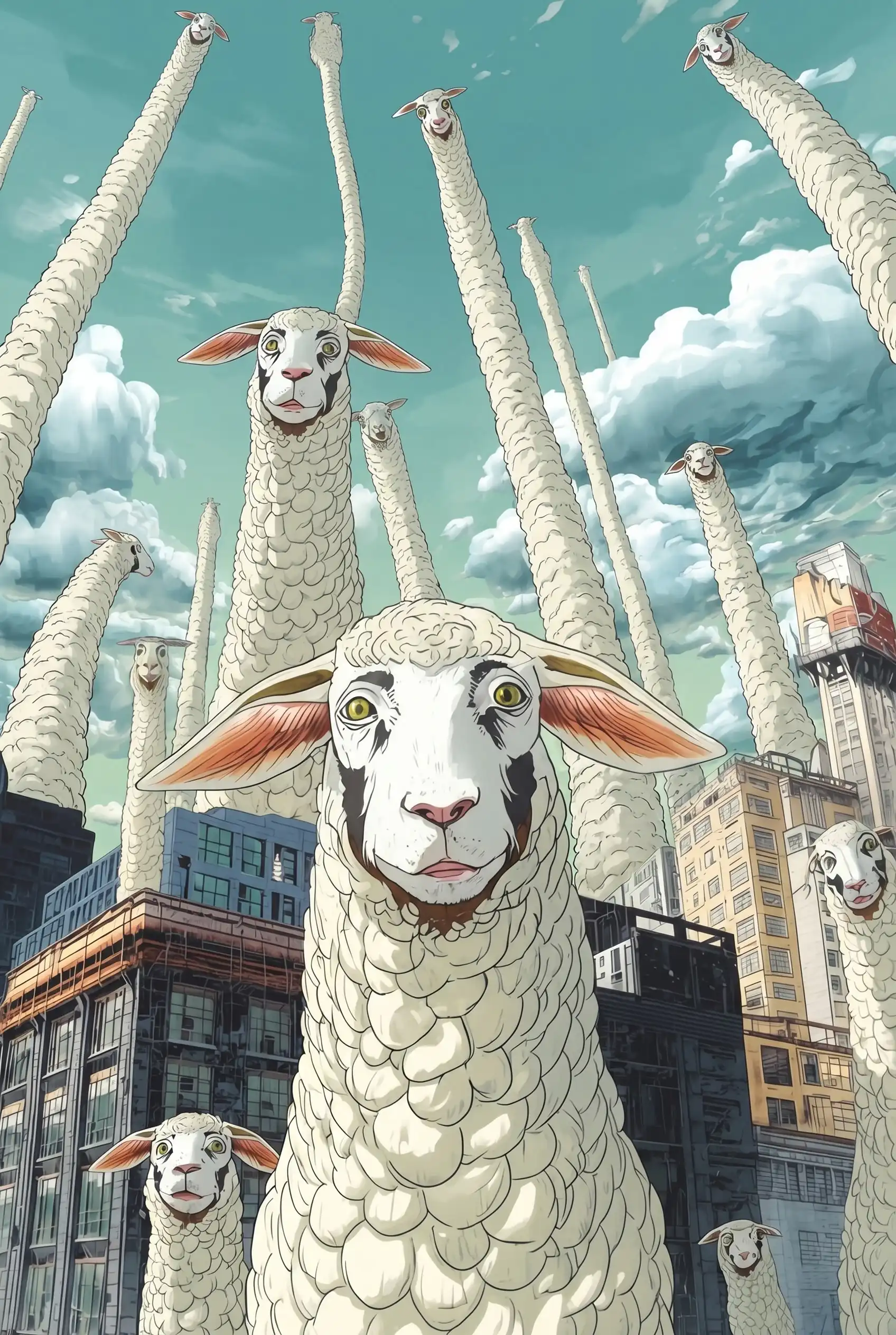A sheep-worm creature from the Advant serial nestled between buildings at dusk