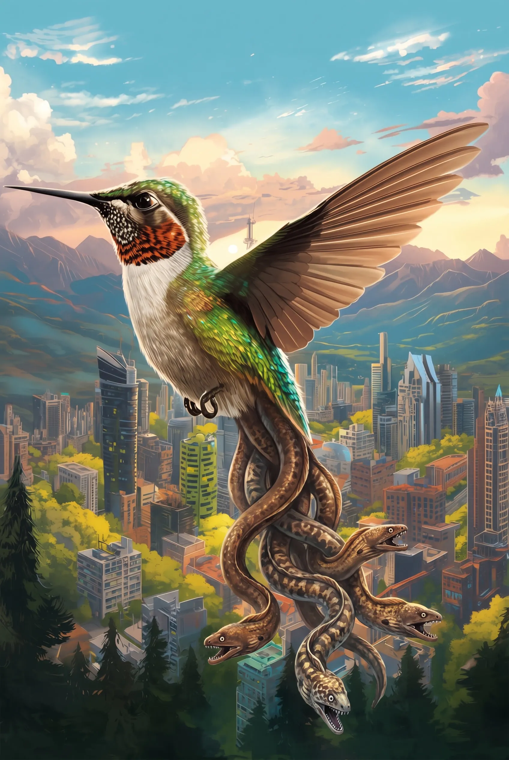 A hummingbird-eel creature from the Advant serial with wings spread wide and eel faces glowing