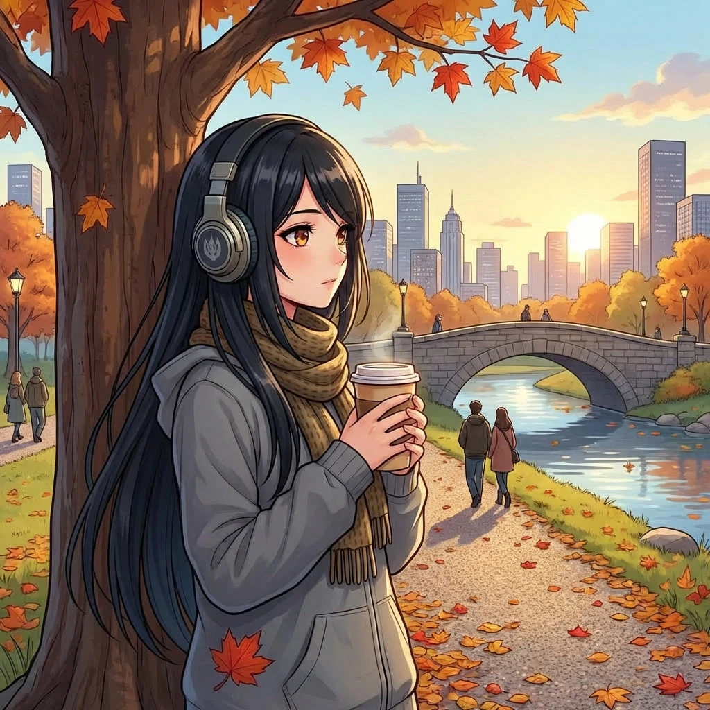 Althena Rosalind holding a coffee in an autumn park with the city beyond.