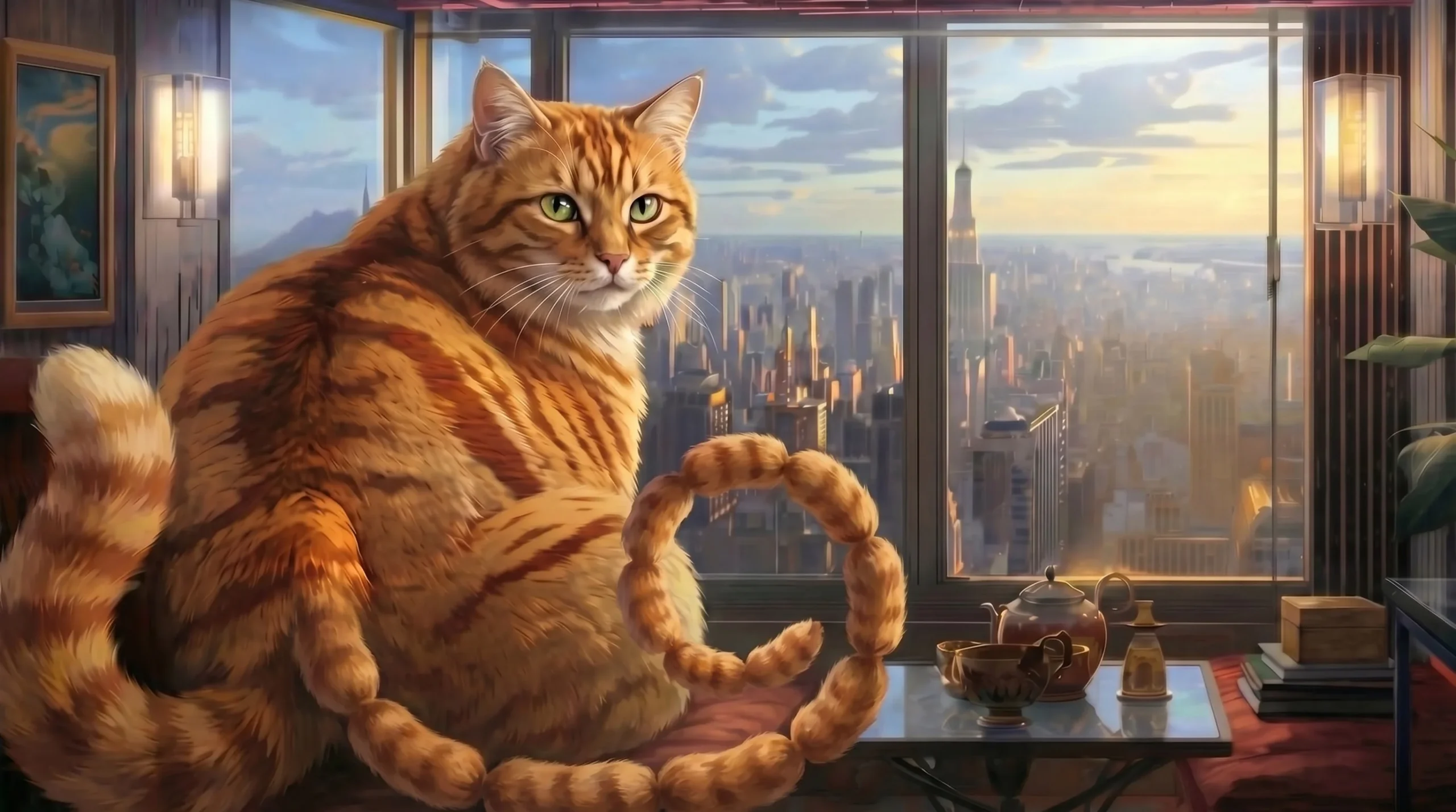 Two-tailed cat overlooking a city skyline