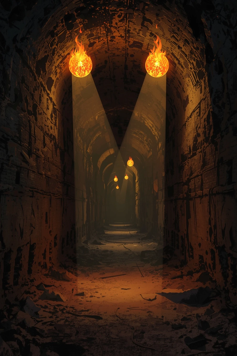 Dark catacomb with torches