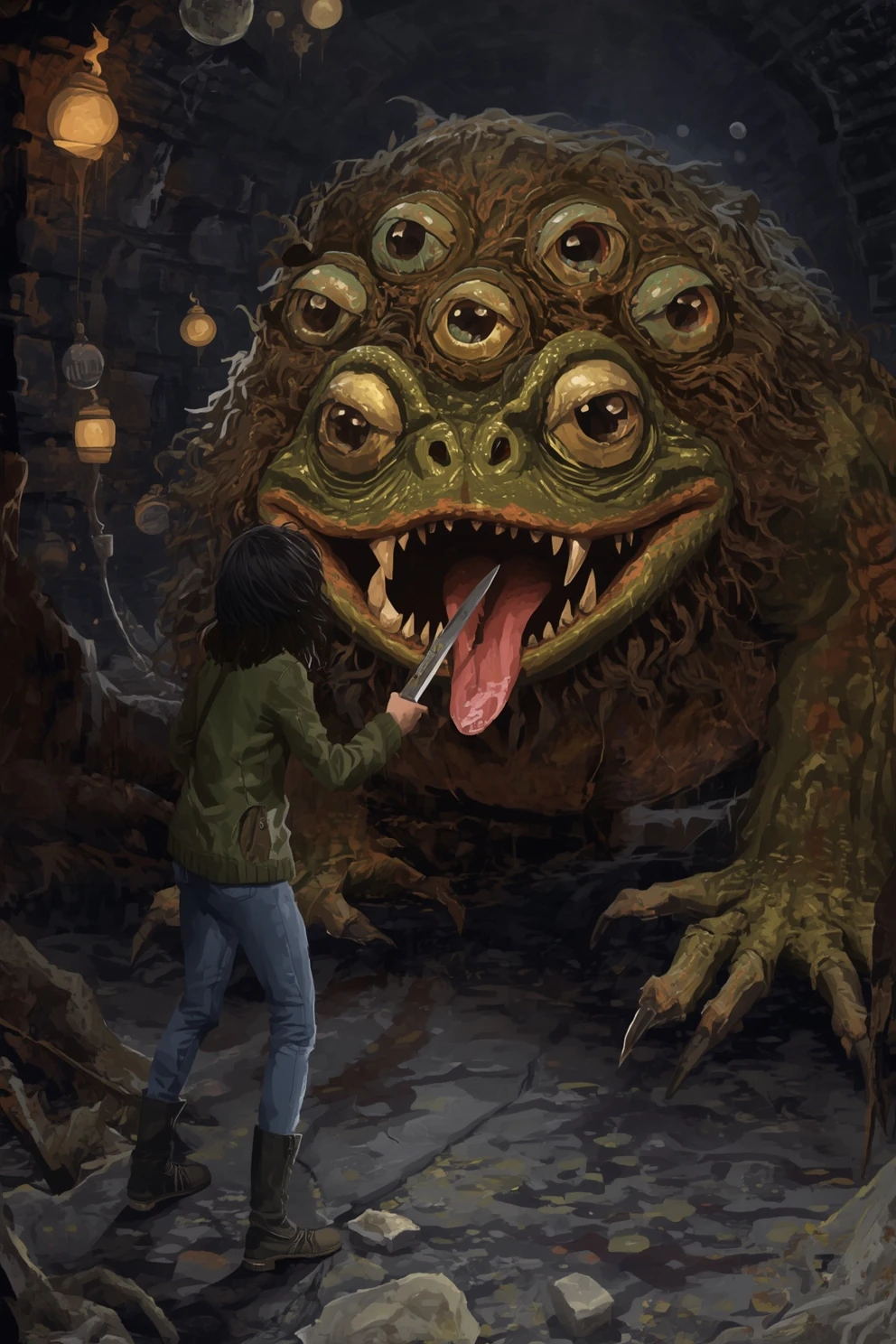 Multi-eyed creature encounter scene