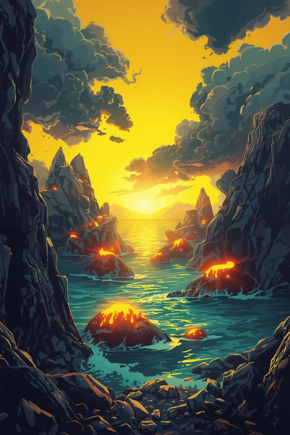 Sunset seascape with volcanic islands and teal water