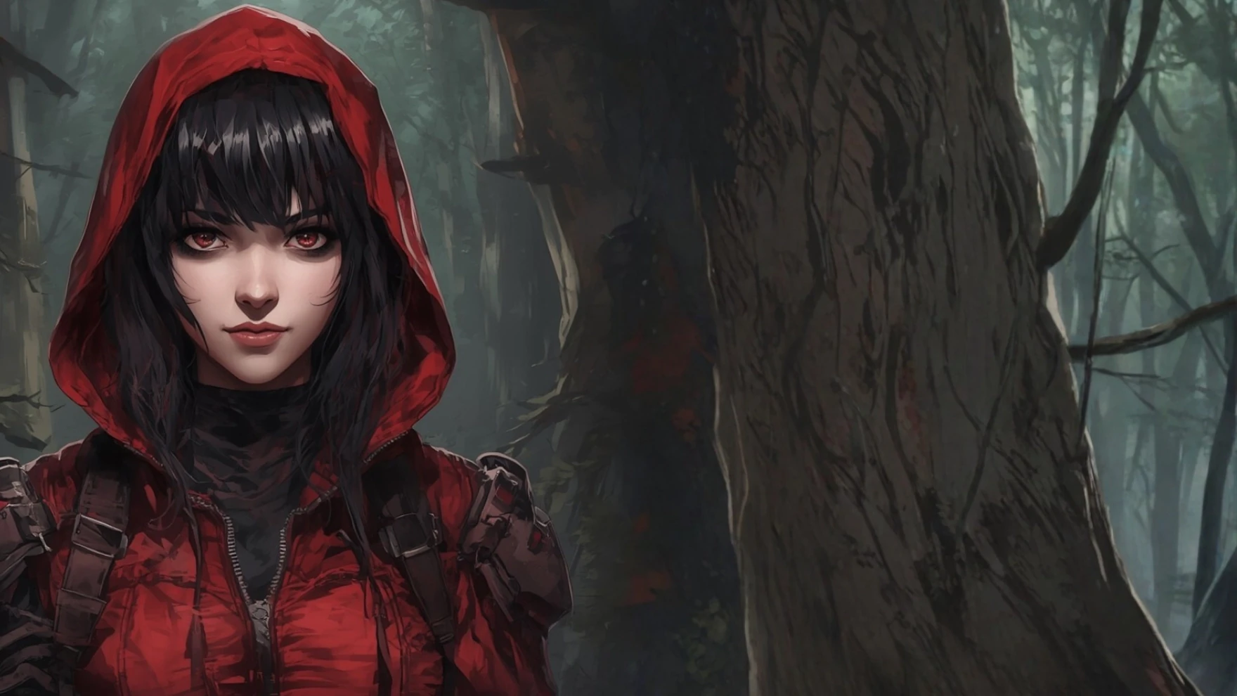 Tomlyn Verlay in red hood, forest closeup