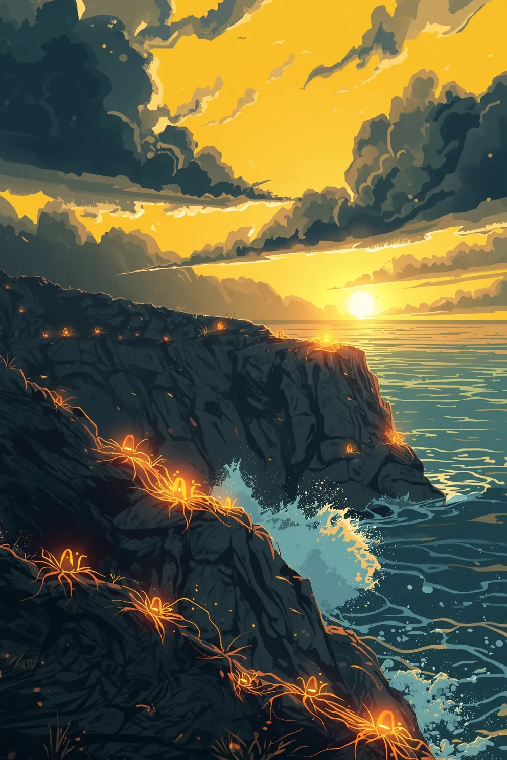 Volcanic rocks with rough ocean and storm clouds