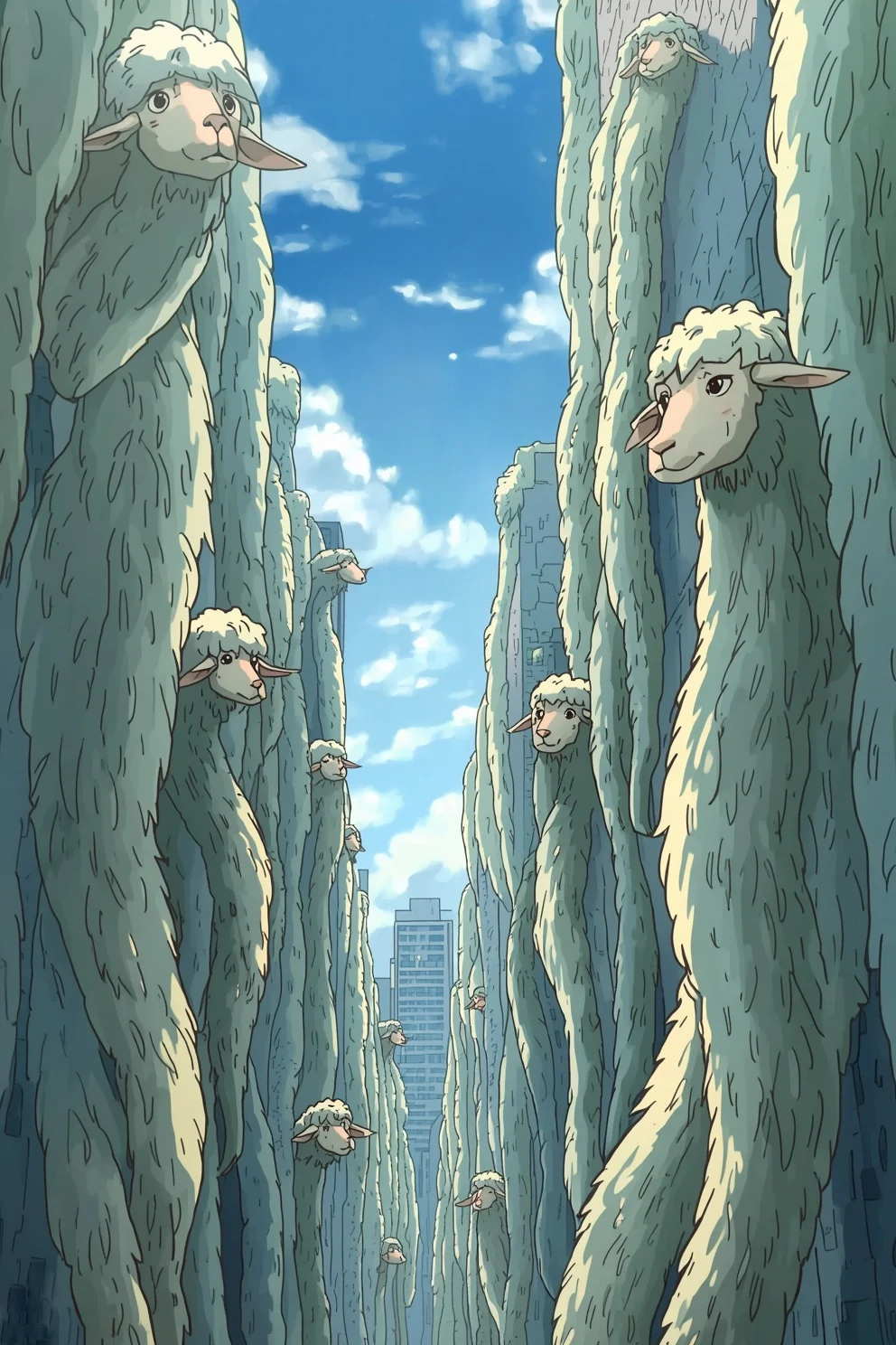 A sheep-worm creature from the Advant serial with horns and flowing wool in a twilight city