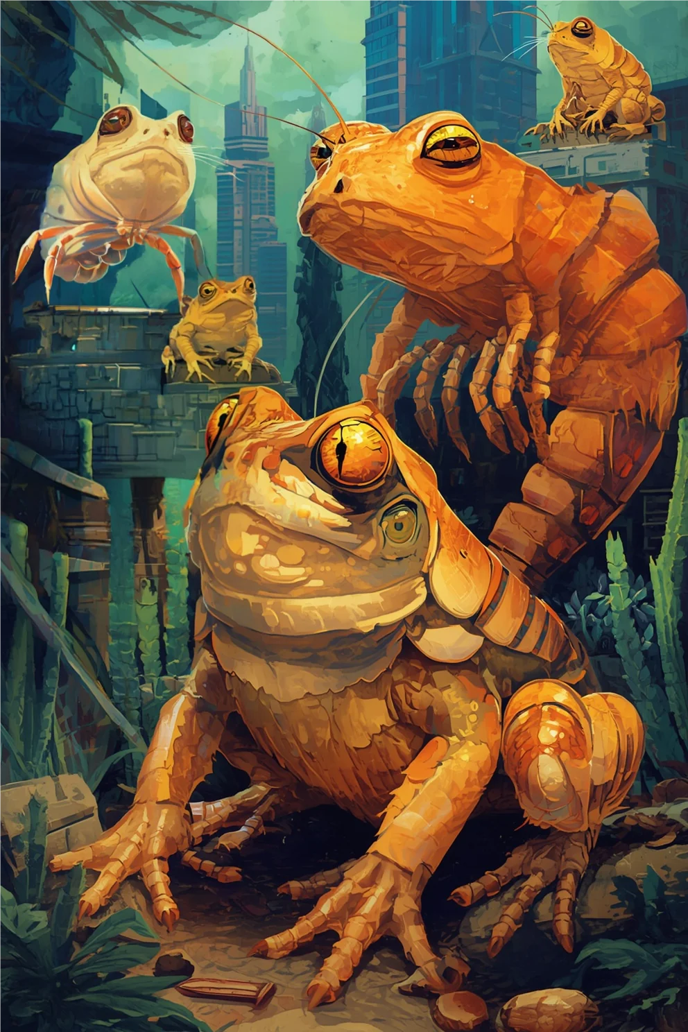 A frog-shrimp creature from the Advant serial in a steampunk setting with soft warm light