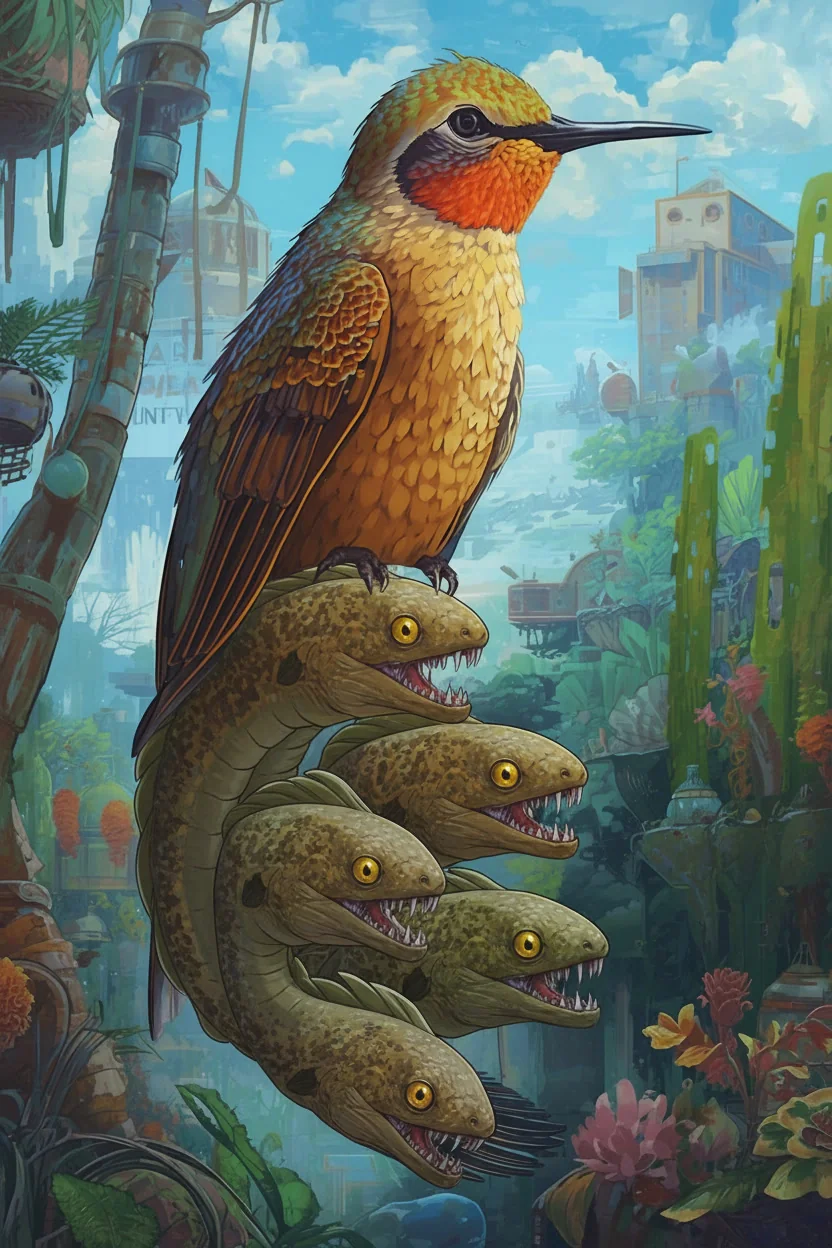 A hummingbird-eel creature from the Advant serial with vibrant feathers in a warm setting