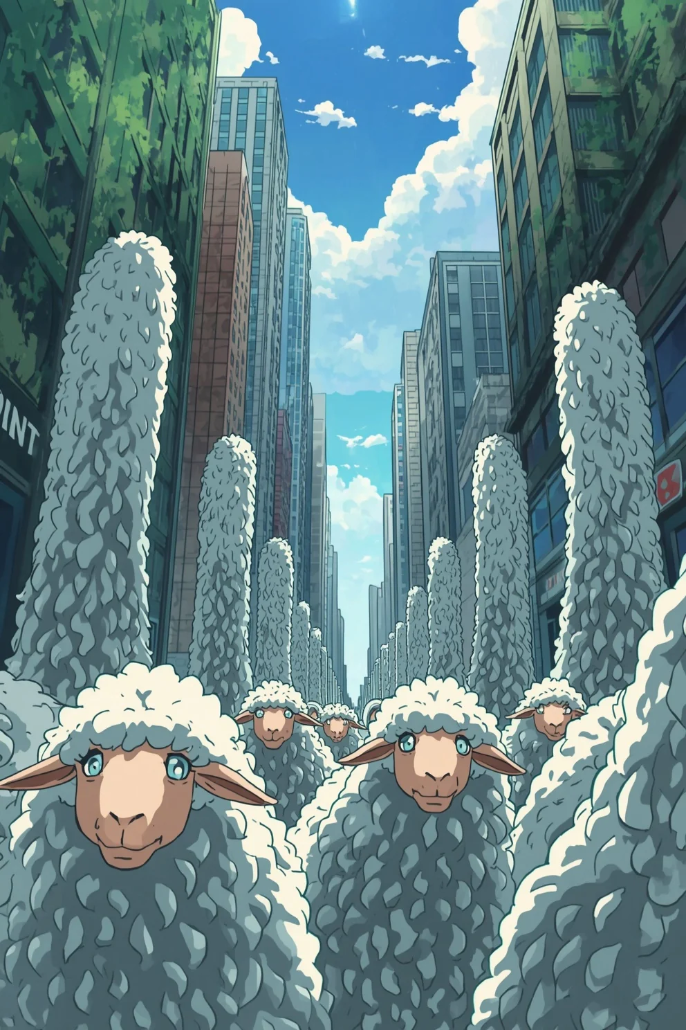 A group of fluffy sheep-worm creatures from the Advant serial filling a city street