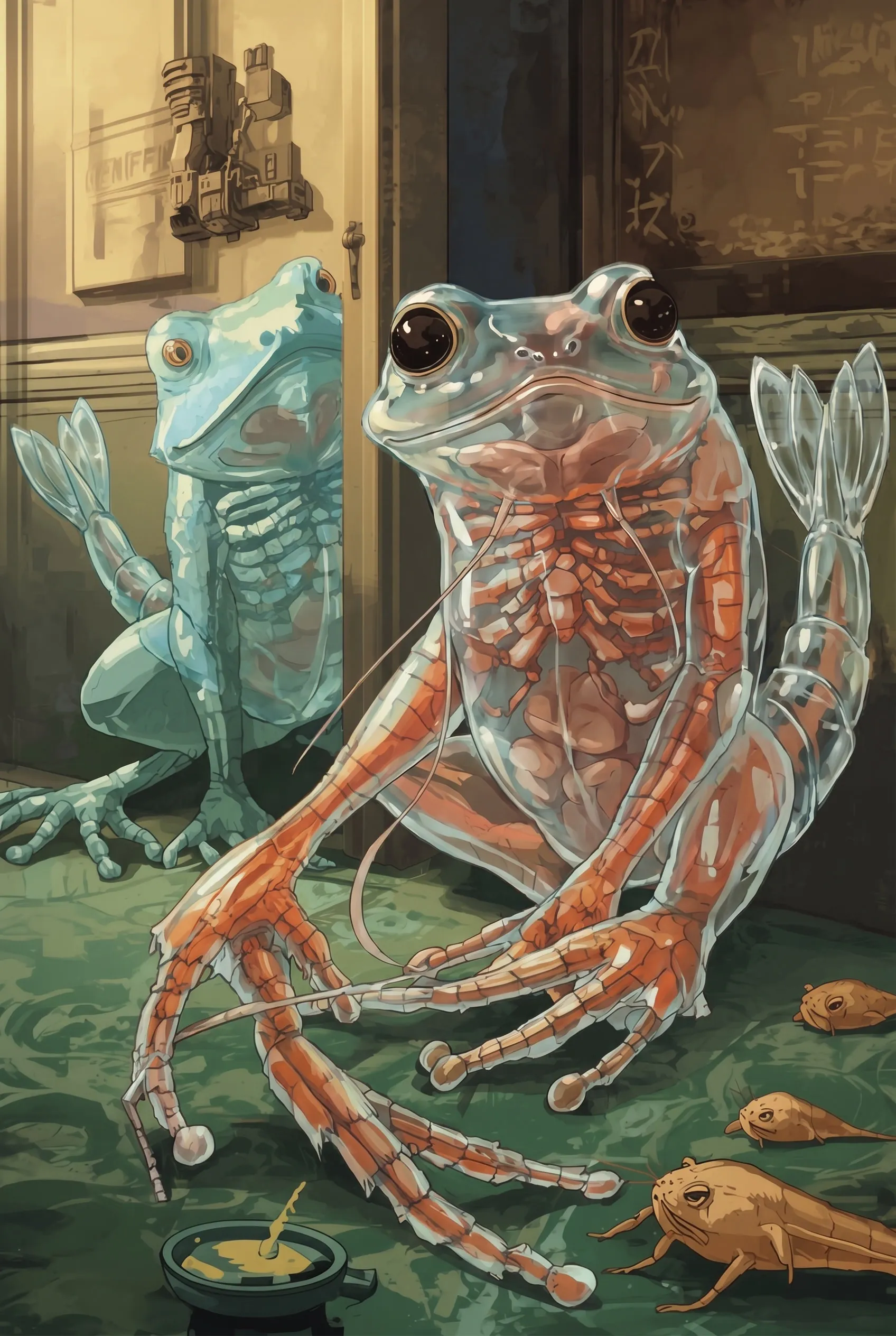 A frog-shrimp creature from the Advant serial in a softly lit steampunk environment